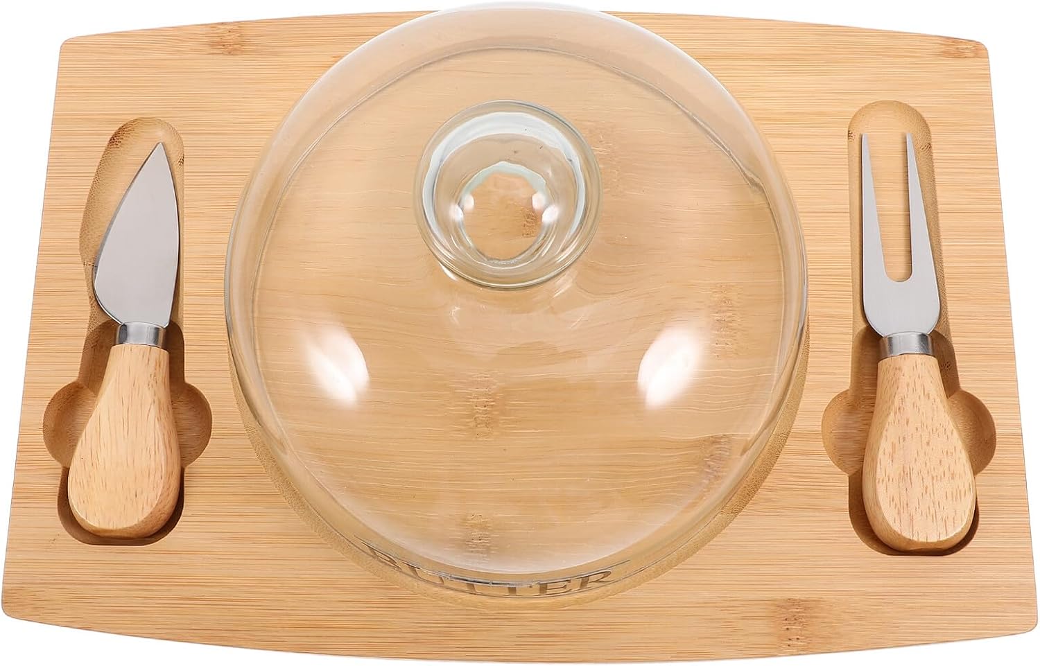 Wood Butter Dish with Lid and Dual Knife Set Butter Storage Holder for Refrigerator with Dome Cover Cheese Holder for Home and Kitchen Use