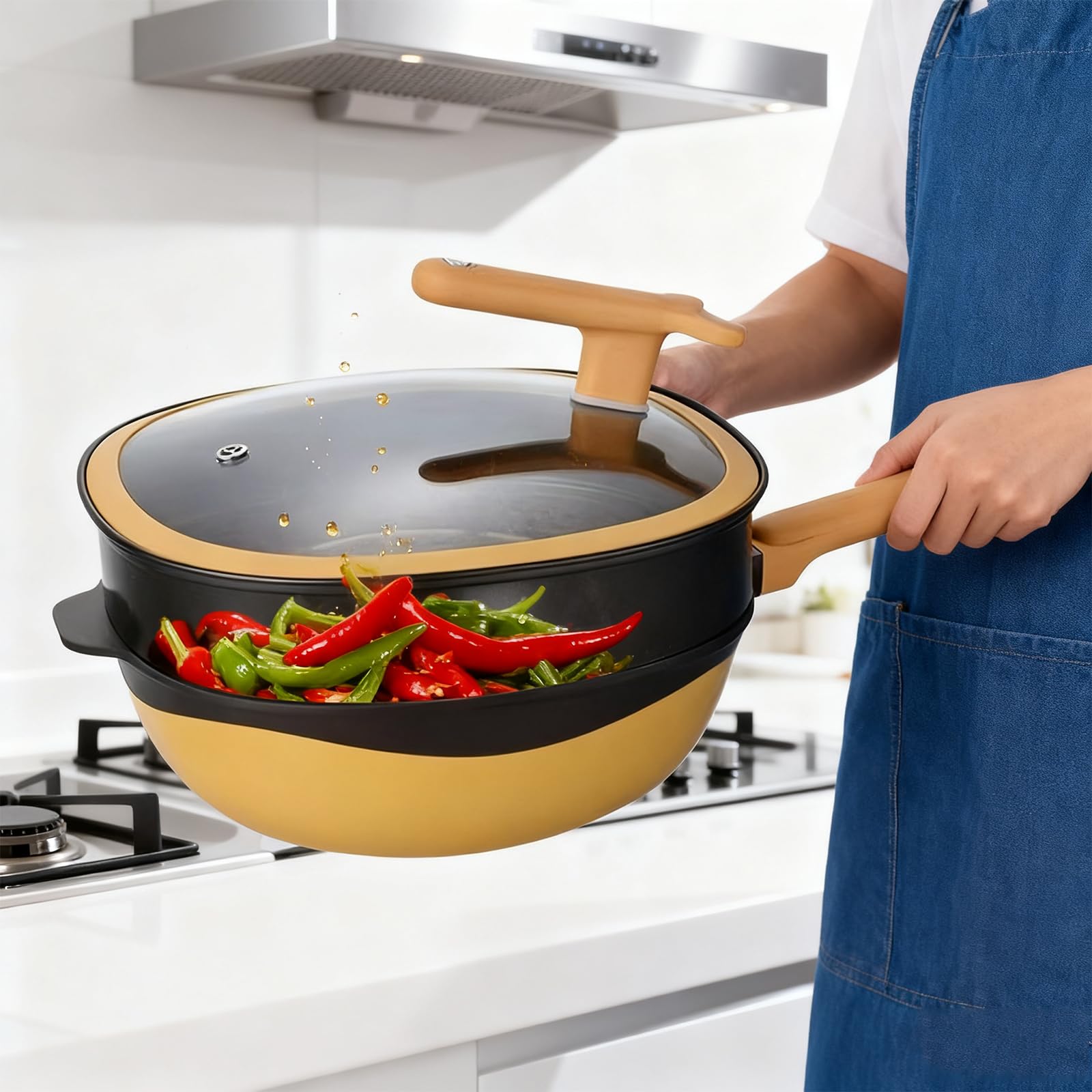 Regulacja temperatury Nonstick Wok, Odporność na wysoką temperaturę Kuchenka ceramiczna ze stopu tytanu Szybkie przewodzenie ciepła dla 2-6 osób (żółty)