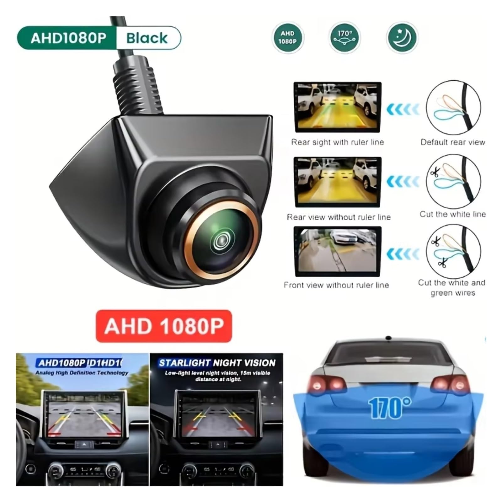 Cámara Visión Delantera Trasera AHD Gran Angular Lente HD Nítida AHD/CVBS Imagen Espejo Interruptor Línea Guía Estacionamiento Reversa Cámara Visión Trasera