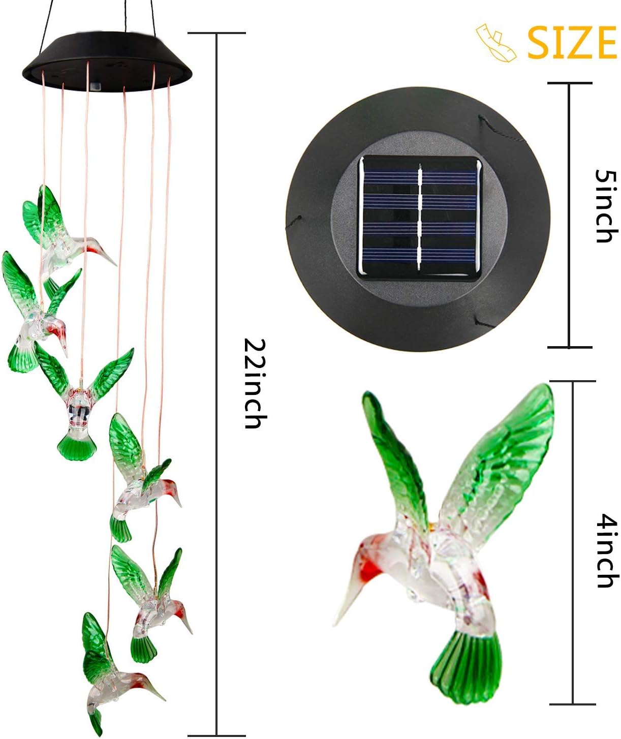 WERTIOO Solar Hummingbird Wind Chime Color Changing Solar LED String Lights Outdoor Mobile Hanging Patio Light