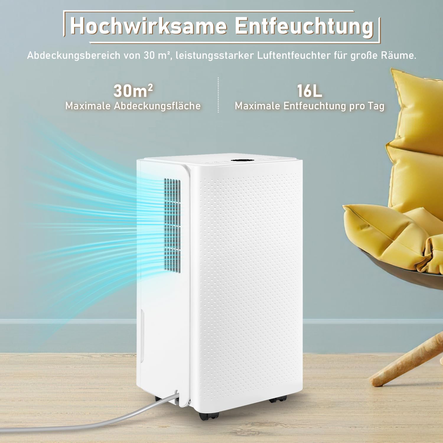 Herrselsam Osuszacz powietrza 16 l/24 h, wydajność osuszania do pomieszczeń o powierzchni ok. 160 m³, z 4 trybami pracy, wskazówkami o temperaturze barwowej, wąż odpływowy, funkcja timera, rozmrażania