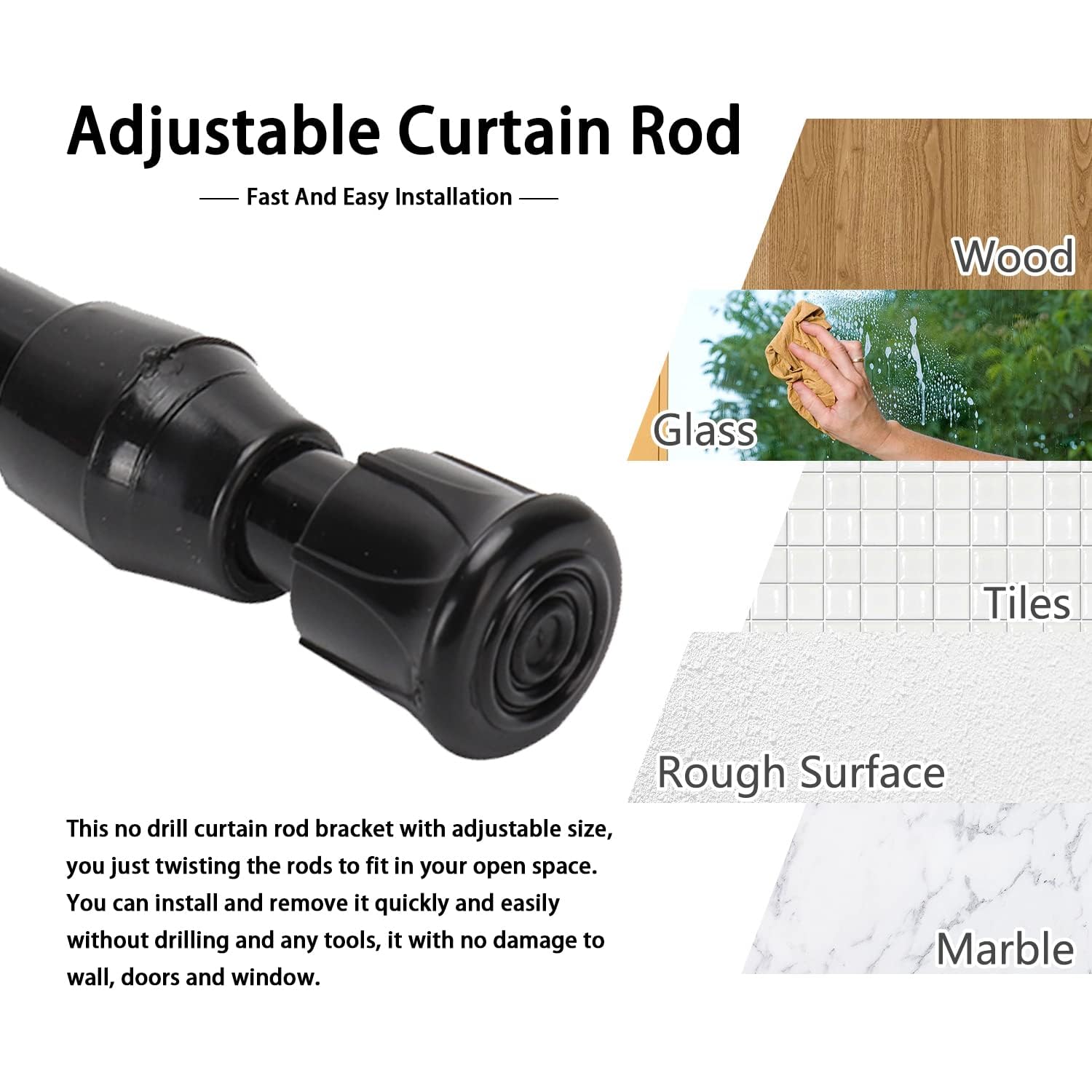 4 Pezzi Bastone per Tende Estensibile, 40-70 cm Bastoni Tende Fissaggio Senza Trapano Bacchette Tende a Molla Asta Telescopica Doccia per Bagno, Cucina, Balcone, Nero