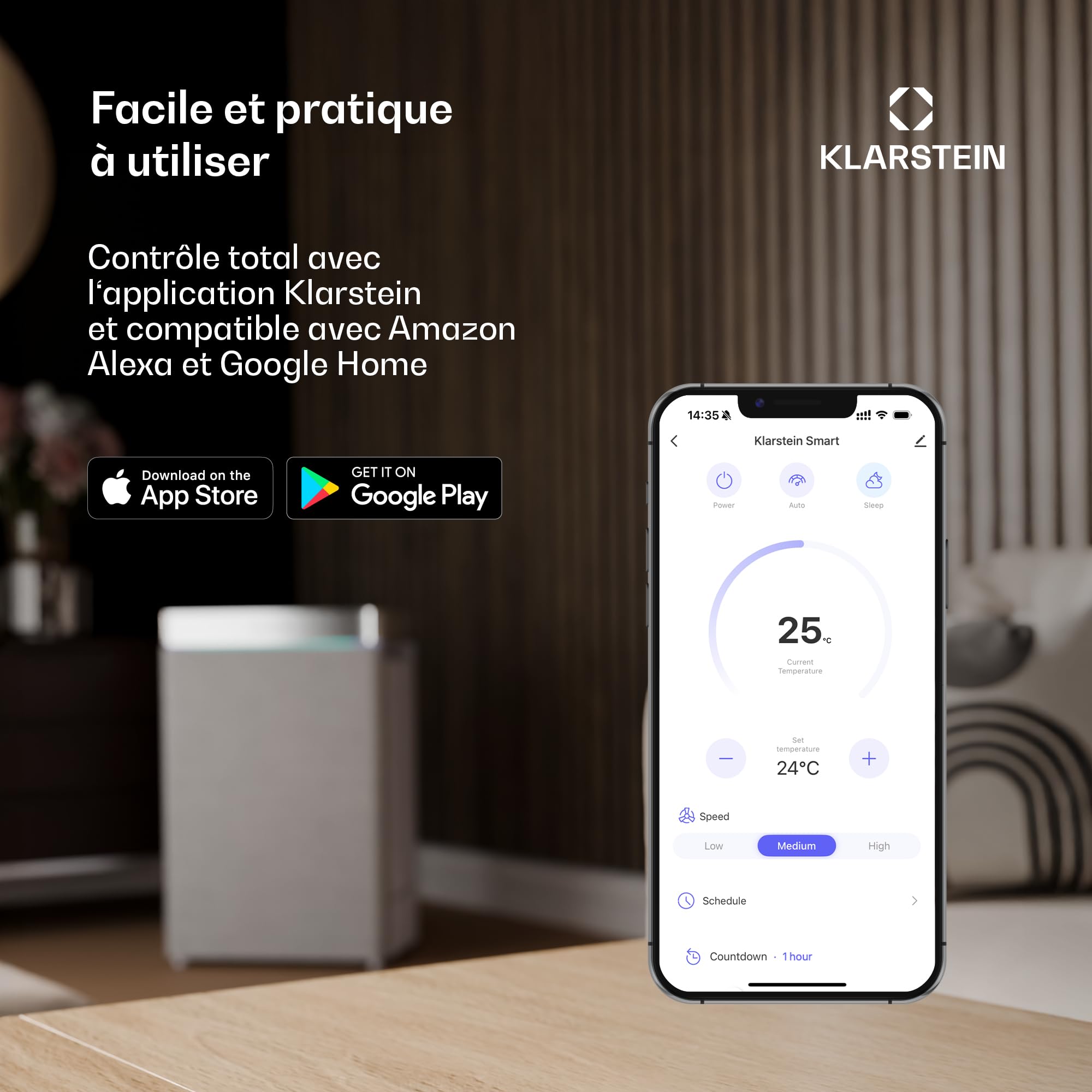 Klarstein Chillavan Climatiseur Mobile – 5,000 BTU, Pour Pièces Jusqu'à 20 m², 3-en-1 Refroidissement, Déshumidificateur & Ventilateur, Classe Énergétique A, Commande App & LED, Silencieux 53 dB