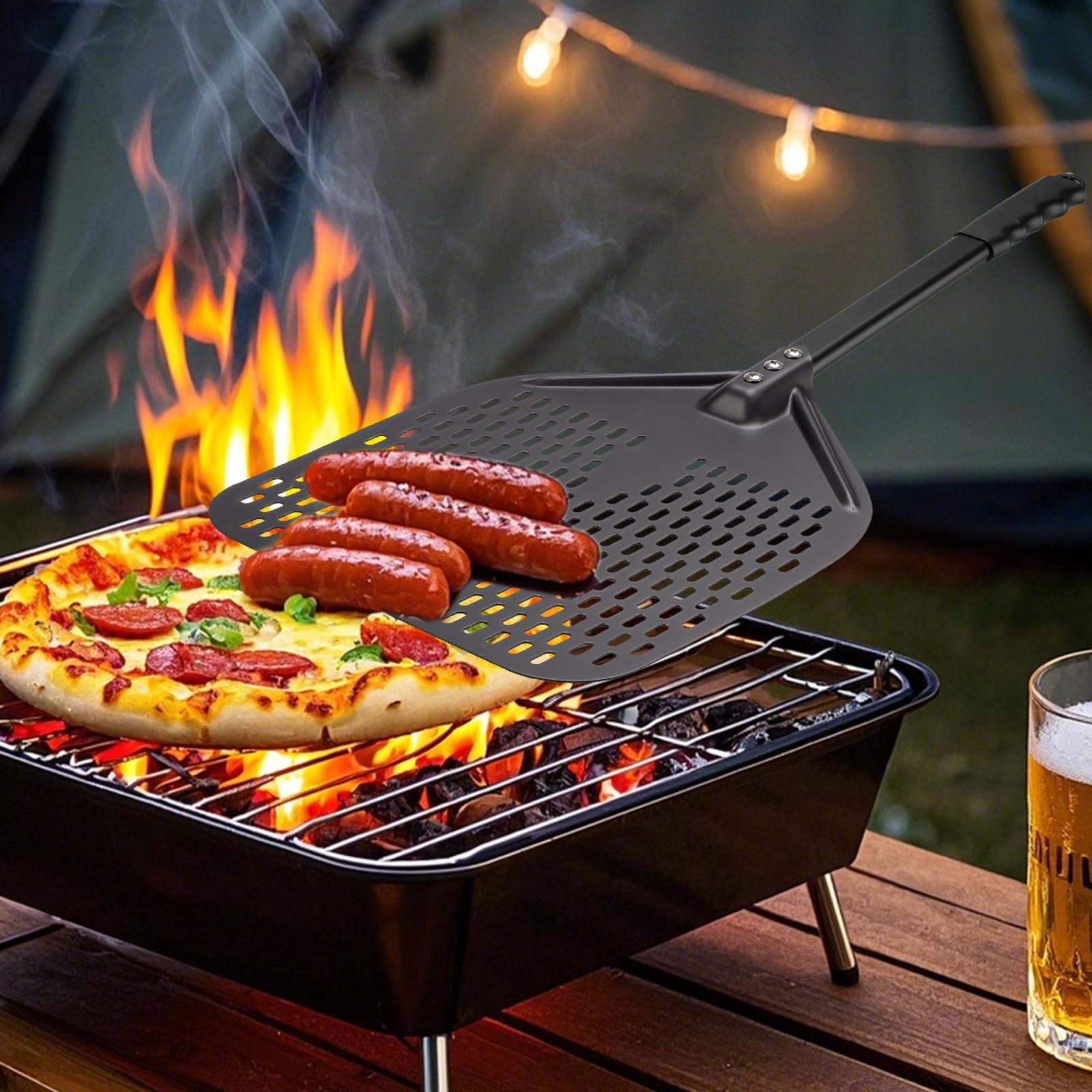 ?opatka do pizzy perforowana 30 x 39 cm, ?opatka do pizzy z aluminium, czarna ?opatka do pizzy z d?ugim trzonkiem, du?a powierzchnia i zdejmowany uchwyt