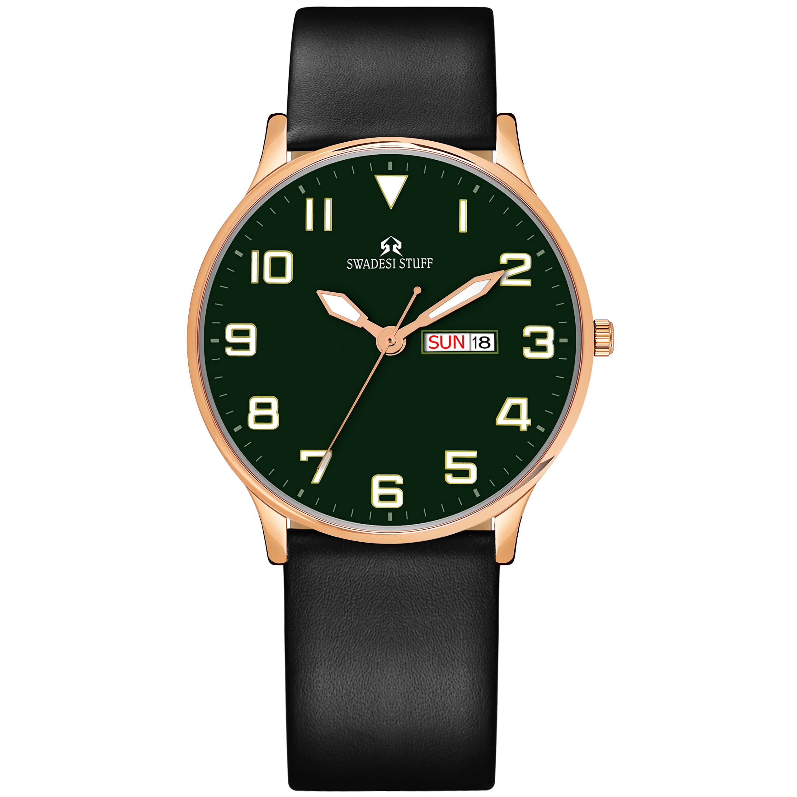 SWADESI STUFF The Classique Day & Date Green Dial Premium & Luxurious Leather Strap Analog Watch for Men (B0BXF8T3HM) Amazon Price History, Amazon Price Tracker