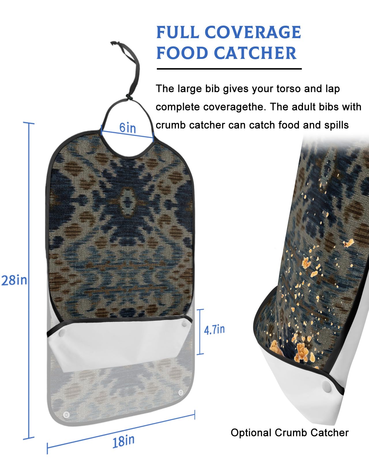 LEOKOTI Boho Blue Brown Adult Bibs for Eating, Waterproof Bibs with Food Catcher & Adjustable Snap Closure, Vintage Ethnic Geometric Abstract Art Washable Clothing Protectors Adult Bibs for Elderly