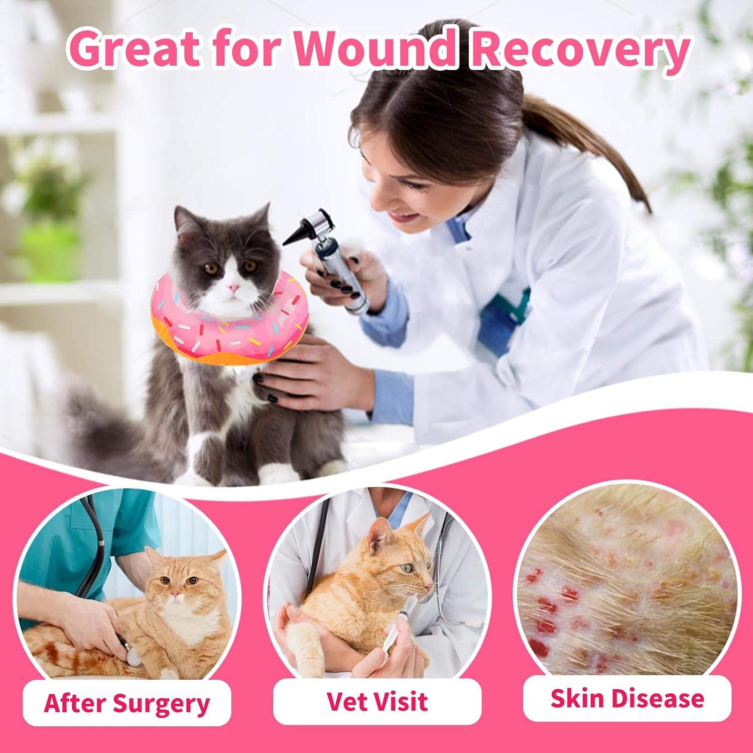 Cat Recovery Collar Soft & Adjustable, Donut Cone for Cats After Surgery, Anti-Lick Kitten Neck Protector for Wound Healing, Cute Pet E-Collar, [Pink], [Large]