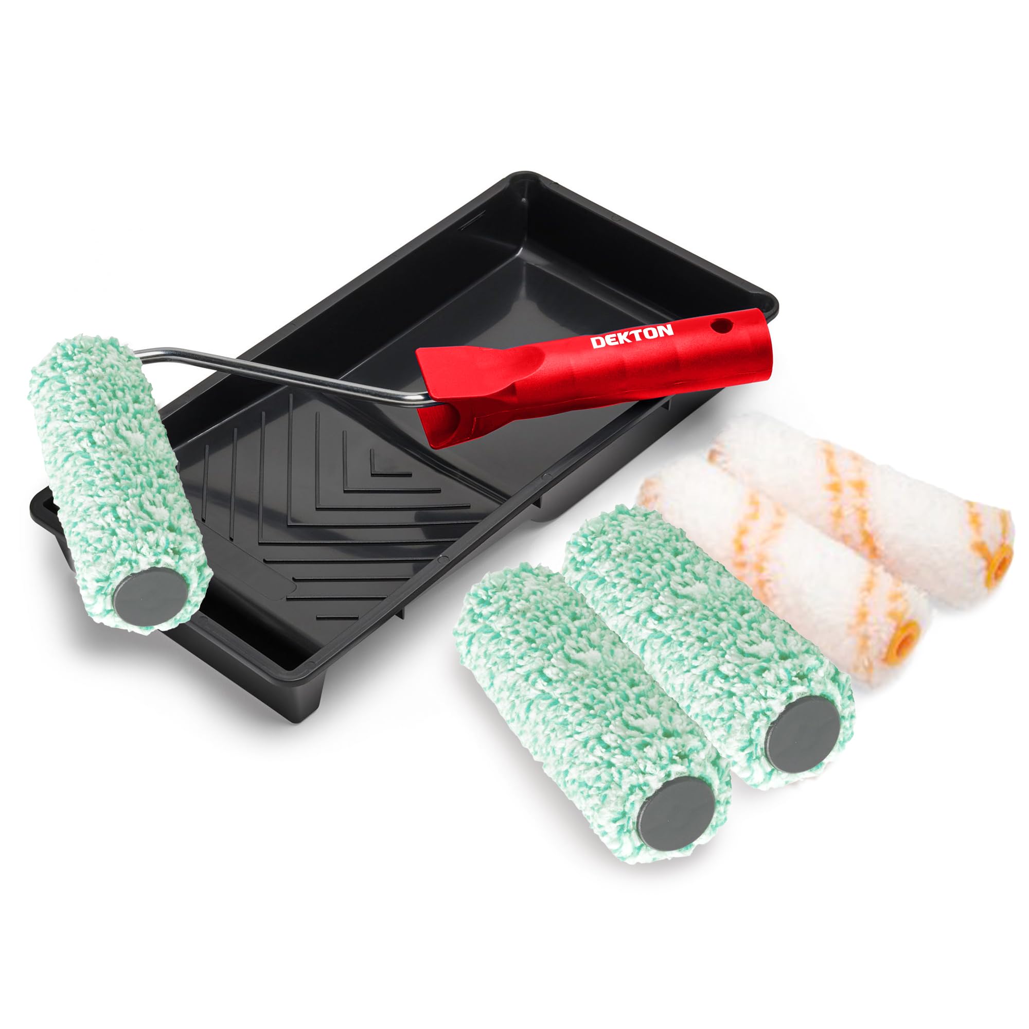Dekton Red/White Trade 4" Emulsion Set 7Pc Trade-Woven Roller| Ideal For Paints On Walls & Ceiling| Medium Pile Woven Fabric Sleeves| Durable Finish, Seamless Repairs On Nicks| 3 Pile & 2 Standard Sleeves, Tray