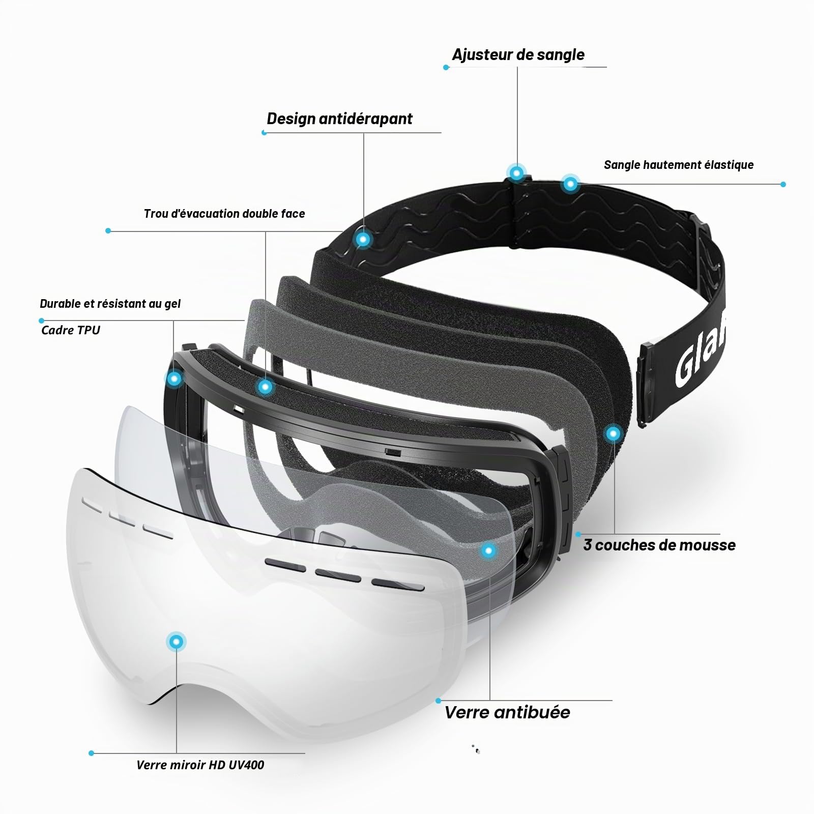 Masque de ski OTG sans monture anti-buée protection UV400 pour hommes et femmes
