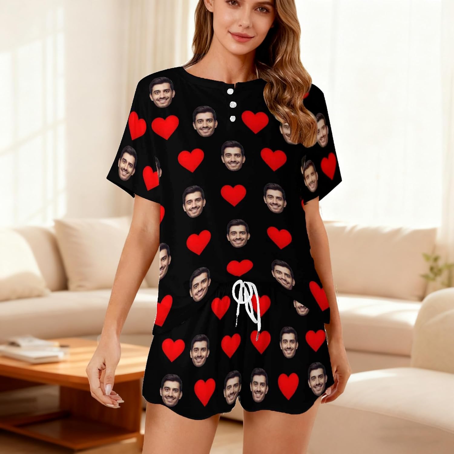 Artsadd Custom Pajama Set for Women, Short Sleeve Pajamas Homewear Loungewear Personalized Great Gift for Her - Image 2