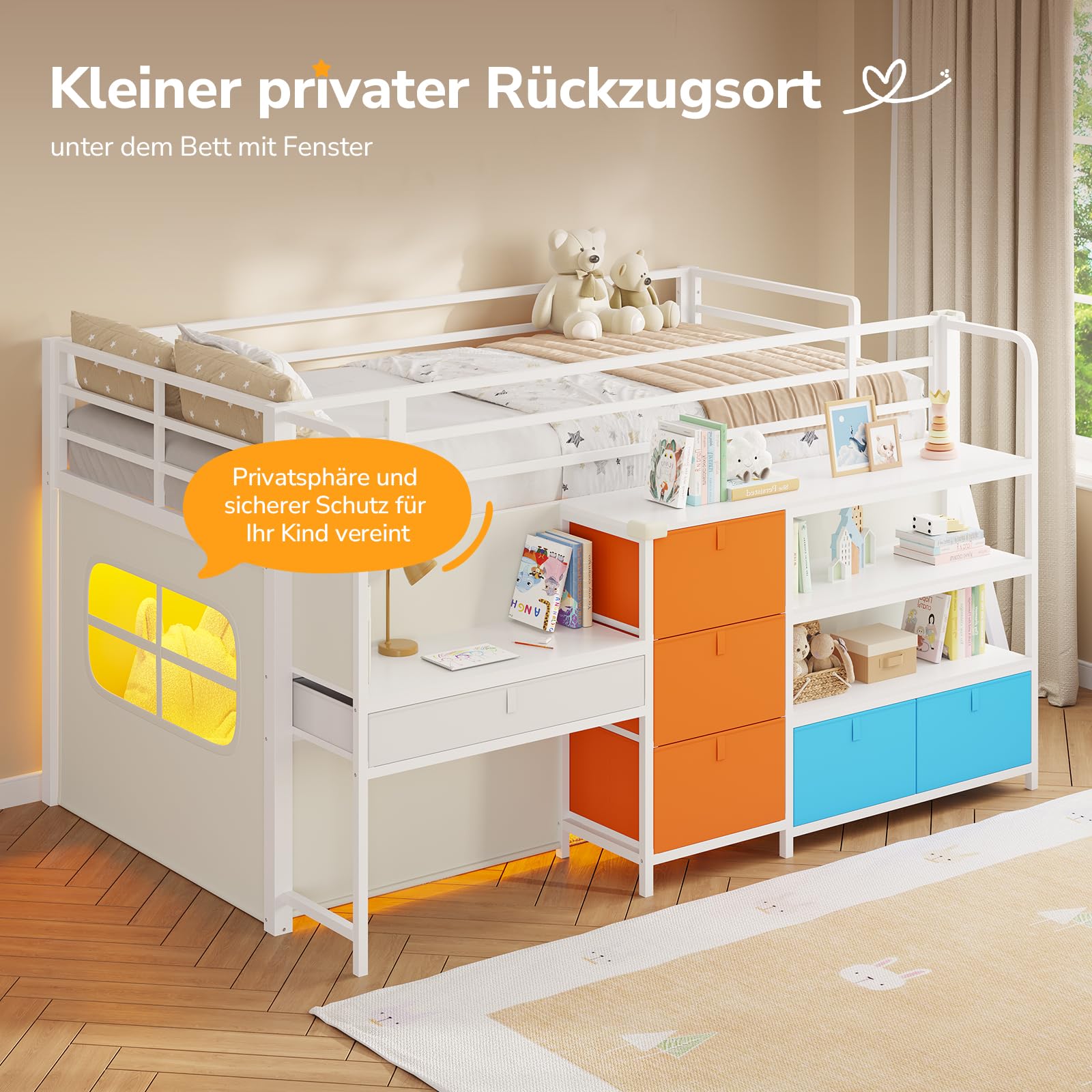 Kinderhochbett 90x200,Weiß+Gelb+Blau | LED-Licht, Schreibtisch, Stauraum, Spielhöhle. 4-in-1: Schlafen, Lernen, Stauraum, Spielen