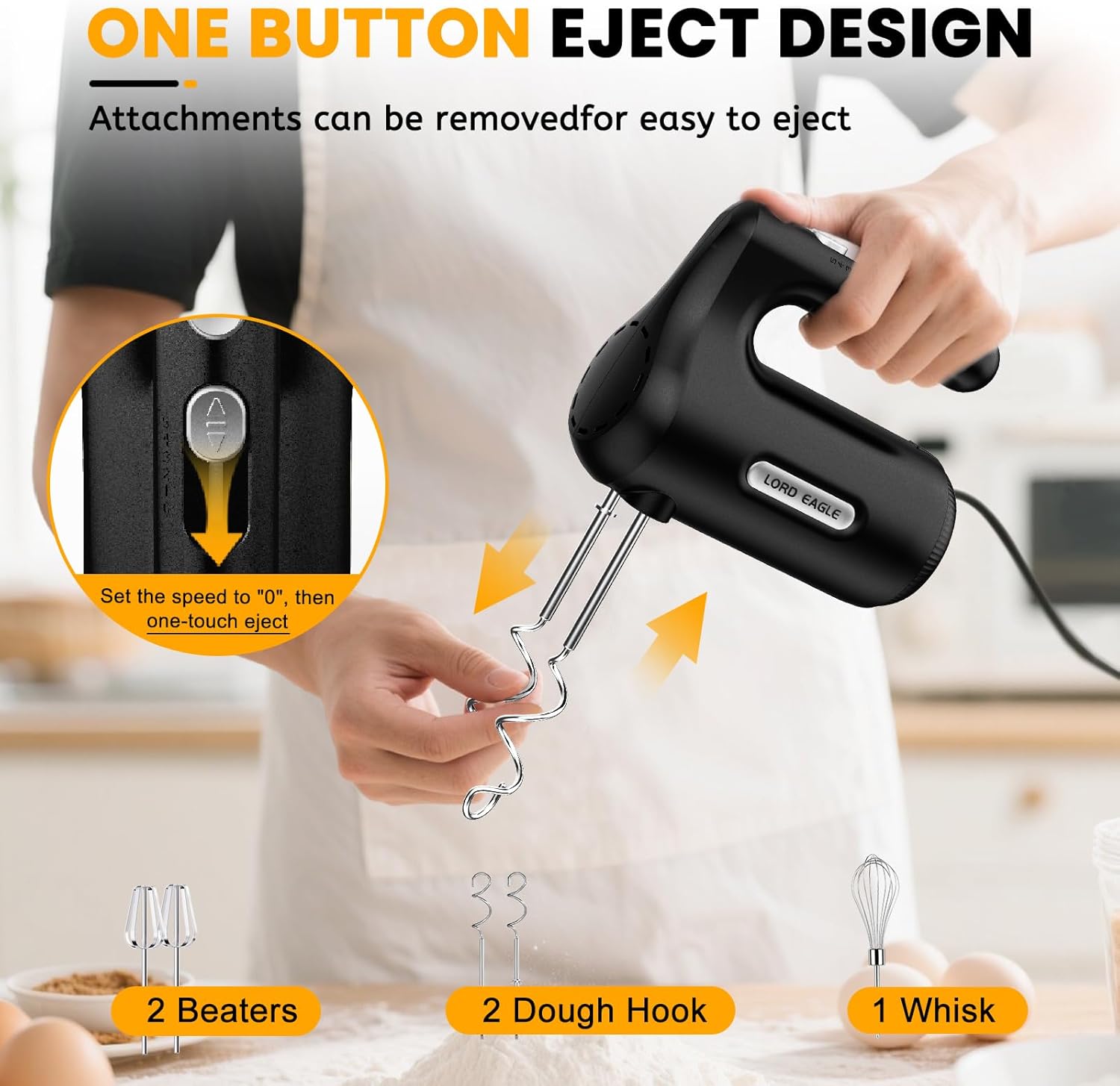 Lord Eagle 5-Speed Hand Mixer Electric Heldhand, 300W Compact Mixer for Baking, Egg Beater, Blending or Cooking, Portable & Lightweight, 5 Accessories, Black