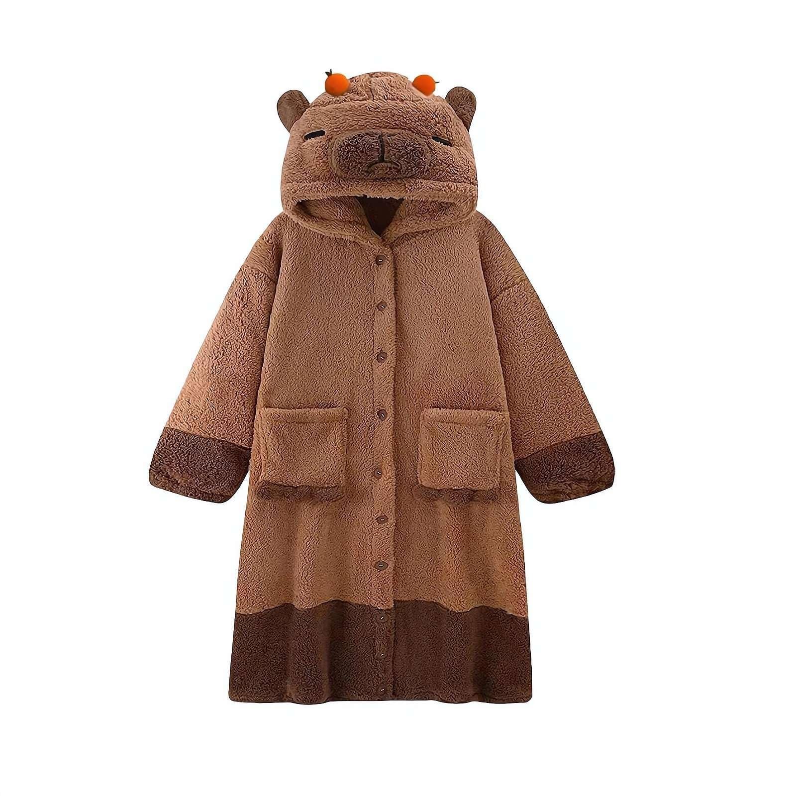 Capybara Robe Womens Cartoon Dressing Gown Lovely Animal Robe Warm Fluffy Bathrobe Brown Hooded Pajamas For Teen Girl Cute Fleece Dressing Gown Unisex Housecoats For Home, Dormitory