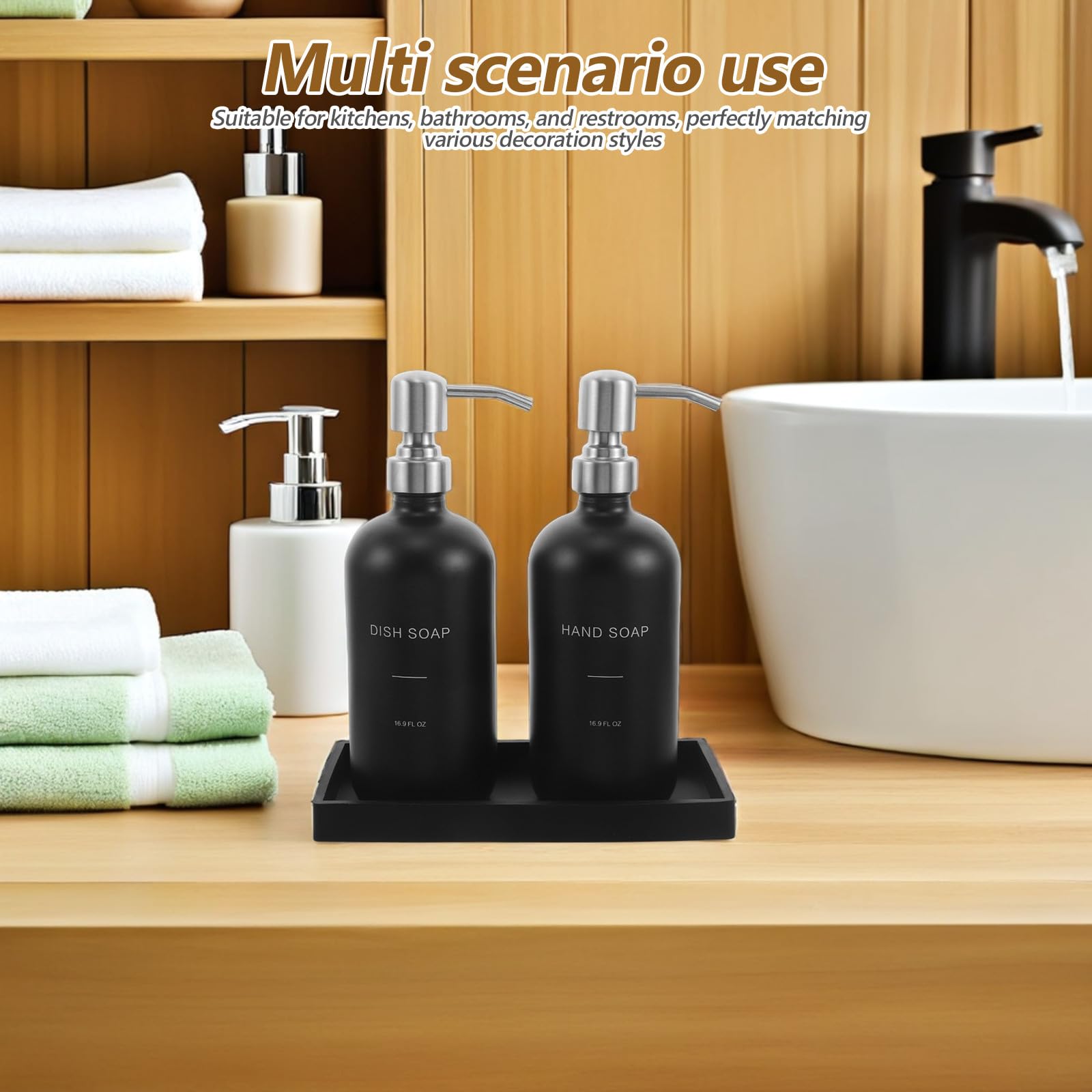 1 Set Dispenser di sapone in vetro: Dispenser di sapone liquido per le mani da bagno con vassoio - Flacone con pompa ricaricabile da 500 ml per lavello da cucina, lavaggio piatti e bagno