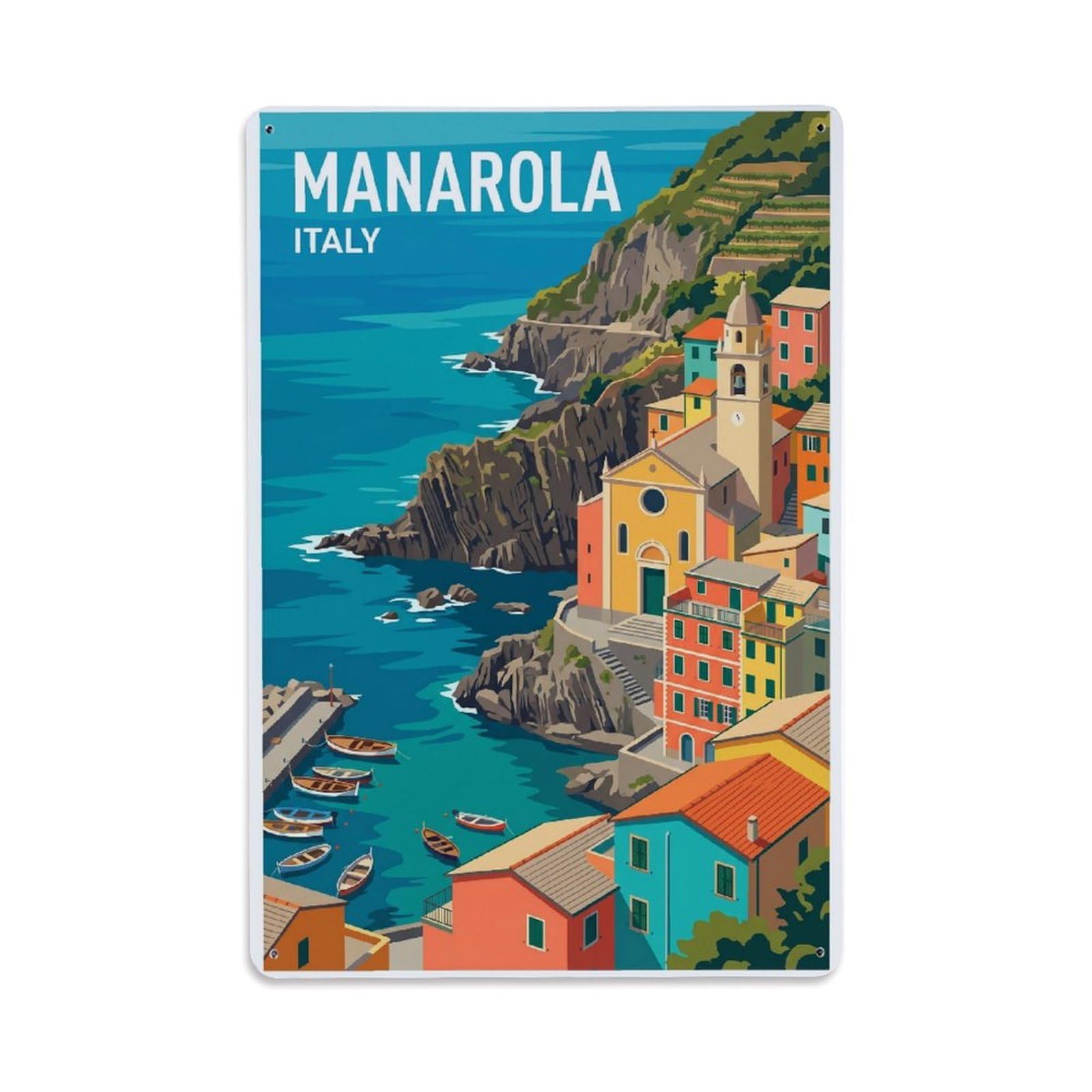 Huiyhb 8X12inch(20X30cm) Vintage Travel Manarola Italy Off-Center Metal Tin Sign