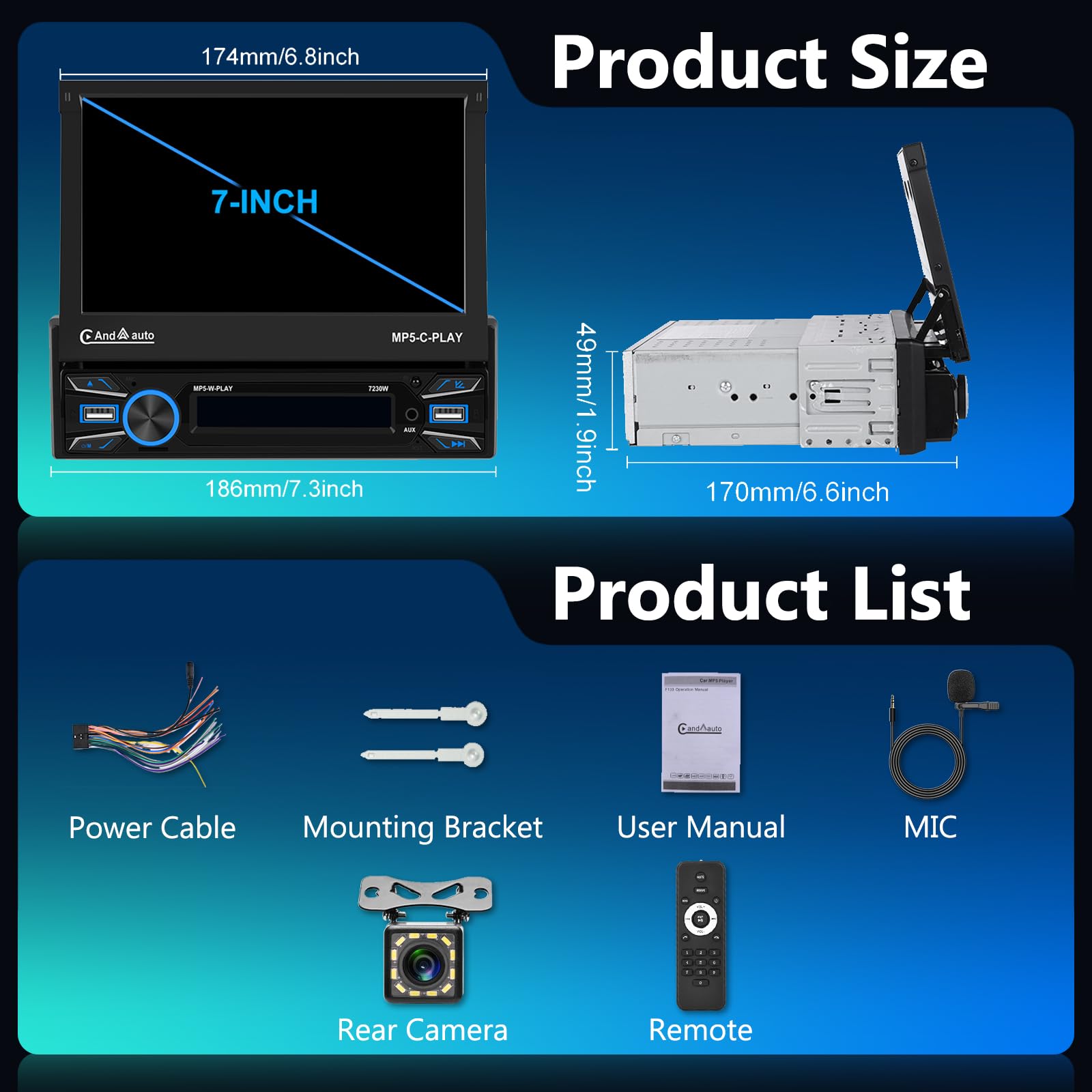 1 DIN Autoradio Écran Motorisé Rétractable 7 Pouces avec sans Fil Carplay Android Auto, Hodozzy Flip Out Ecran Tactile Poste Radio Voiture 1 Din Bluetooth FM MP5 USB/AUX/Lien Miroir/SWC+Caméra