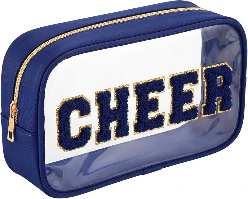 Necessaire transparente Abbylike azul-marinho com letras de chenille, zíper e base estruturada