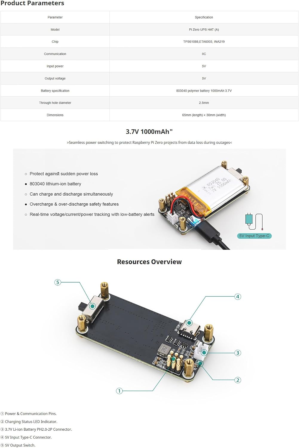 UPS HAT for Raspberry Pi Zero, Uninterruptible Power Supply Module, Plug-and-Play Ba-ttery Backup Board, Real-Time INA219 Ba-ttery Monitor, Supports 3.7 V Lithium Ba-ttery, Power Management Expansion