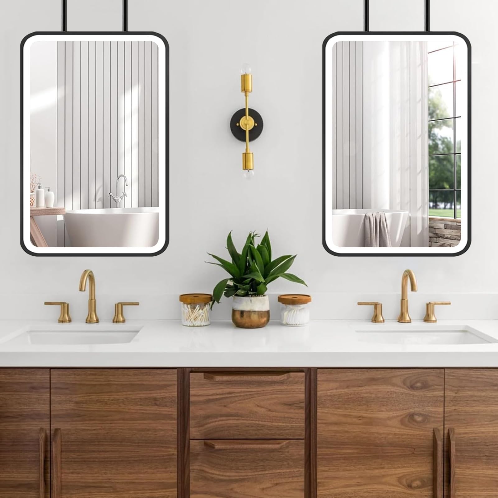 FGXHHS Ceiling Mirror with LED Lights｜Black Metal Boom Illuminated Wall Mounted Mirrors｜Touch Screen Control Bathroom Vanity Makeup for Over Sink｜Customizable(40cmx60cm)
