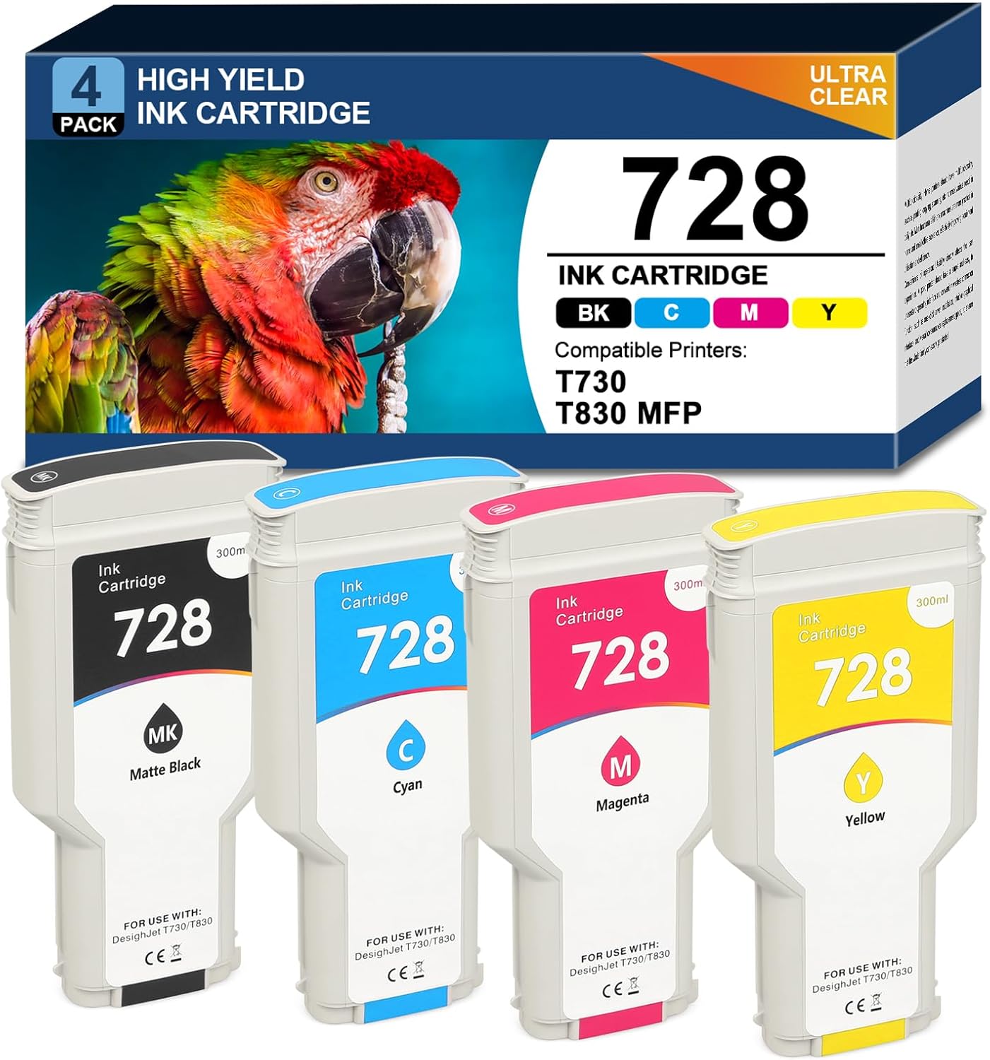 728 Ink Cartridges 4-Pack High Yield Compatible with HP DesignJet T830 MFP T730 Large Format Printers Replacement for HP F9J68A F9K17A F9K16A F9K15A,1x300ml Matte Black,3x130ml Cyan/Magenta/Yellow