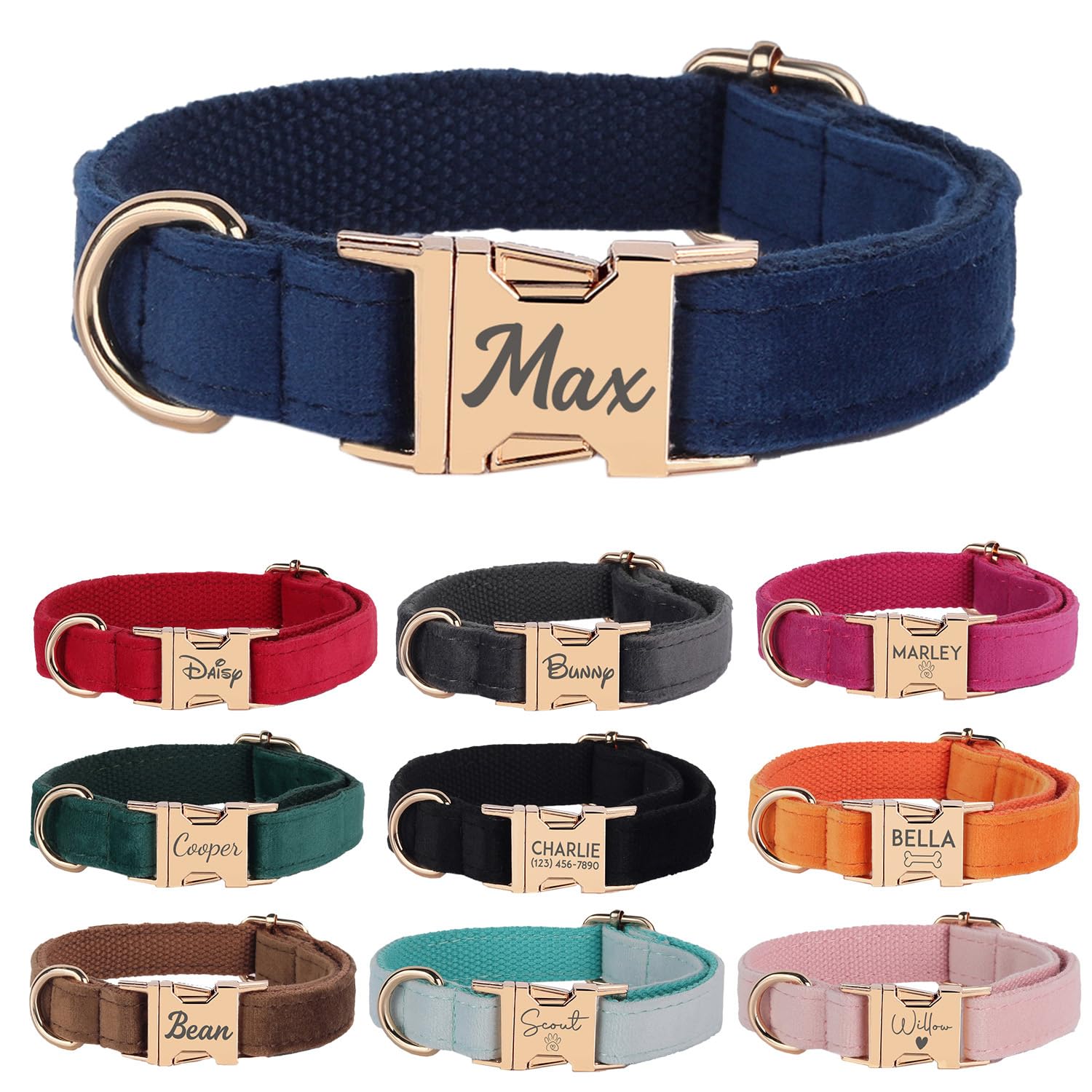 Custom Dog Collar Set, Personalized Dog Leash and Harness Set, Fancy Velvet Pet Collar with Metal Buckle, Many Color Options, Personalized Dog