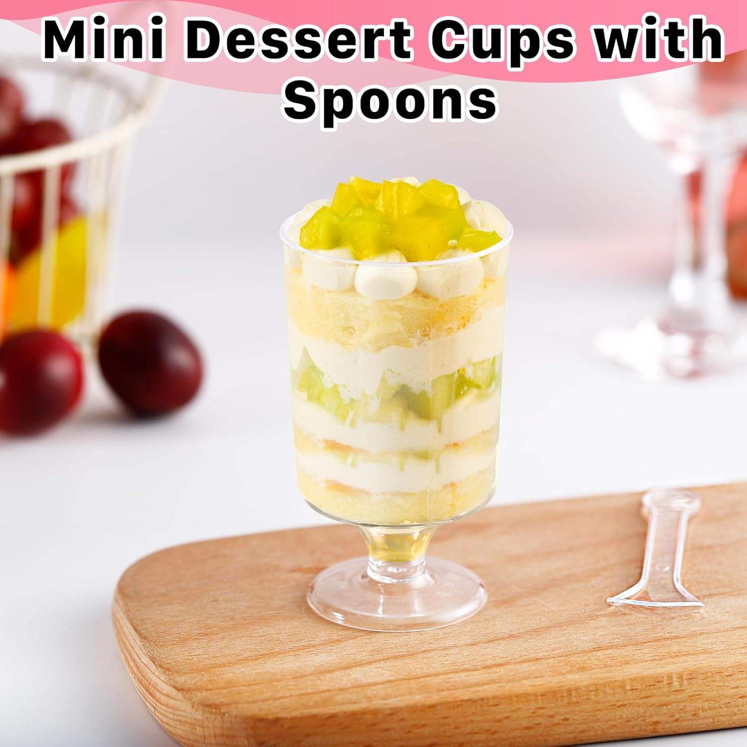 Jeffbaubl 50 Pack Mini Dessert Cups With Spoons, 4 Oz Clear Plastic Dessert Parfait Cup, Appetizer Cup Goblet for Party and Wedding Ice Cream Fruit Cake Pudding - Image 6