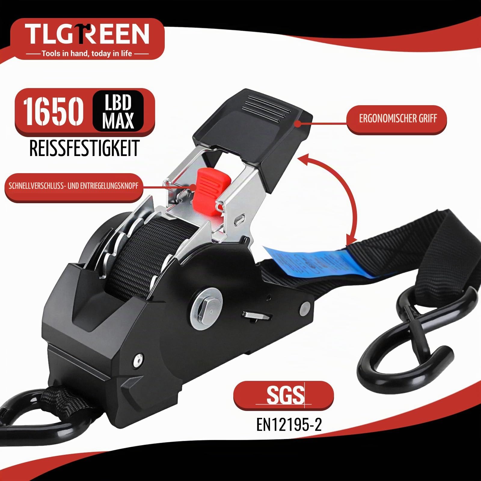 Automatik Spanngurt, 3 m x 25mm, 300 daN | 748 kg Bruchlast, 8 Stück | Selbstaufrollende Spanngurte, Ratschengurt mit S Haken, Zurrgurt für Anhänger, Motorrad, Fahrrad Mehr, Schwarz