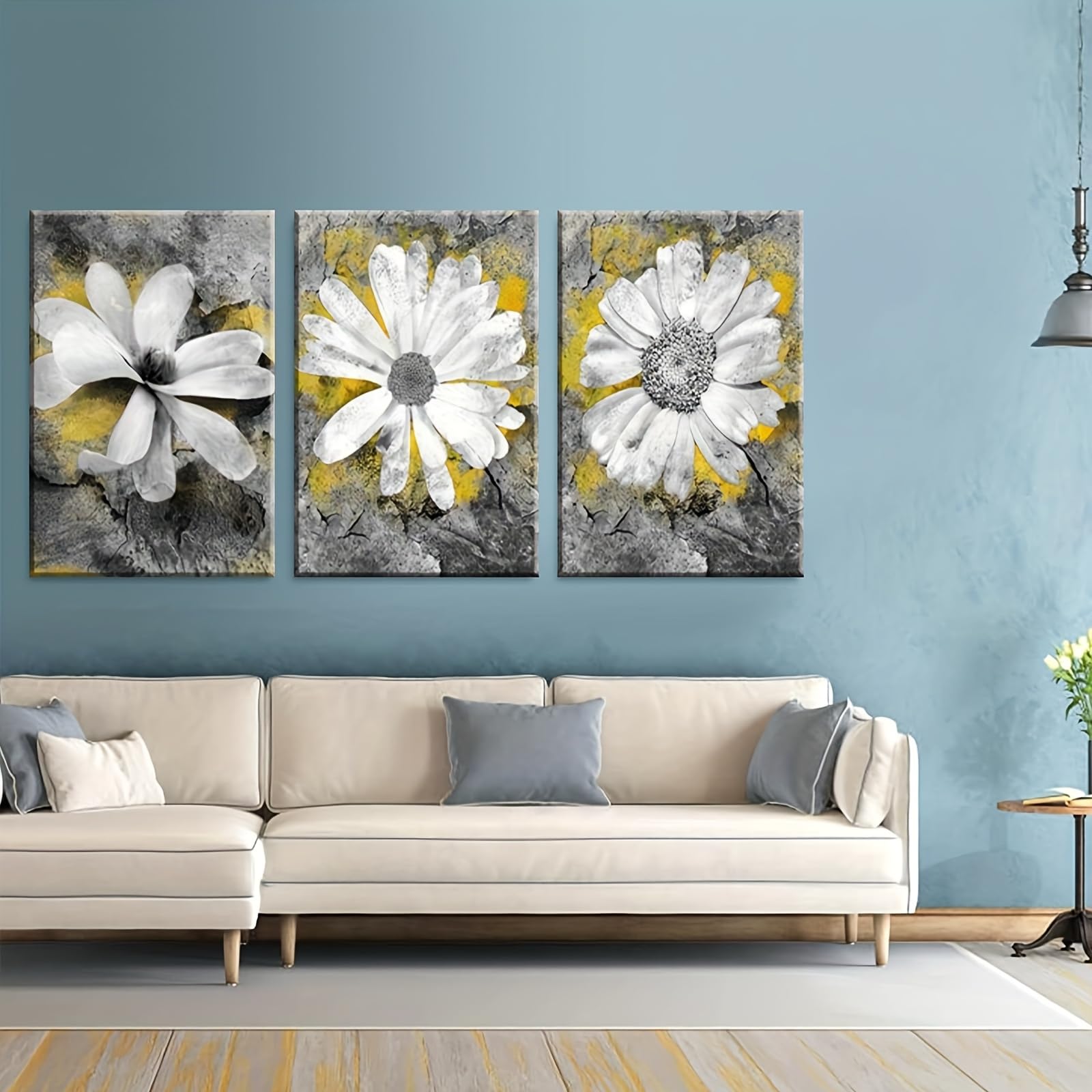 IXEHOH 3 Teiliges Leinwandbild Weiße Gänseblümchen Gelb Grau Abstrakt Blumen Bilder Wanddeko Wohnzimmer Modern Blumenbilder Wandbild Aesthetic Wall Art Vertical Wall Art Wandkunst 70x90cmx3