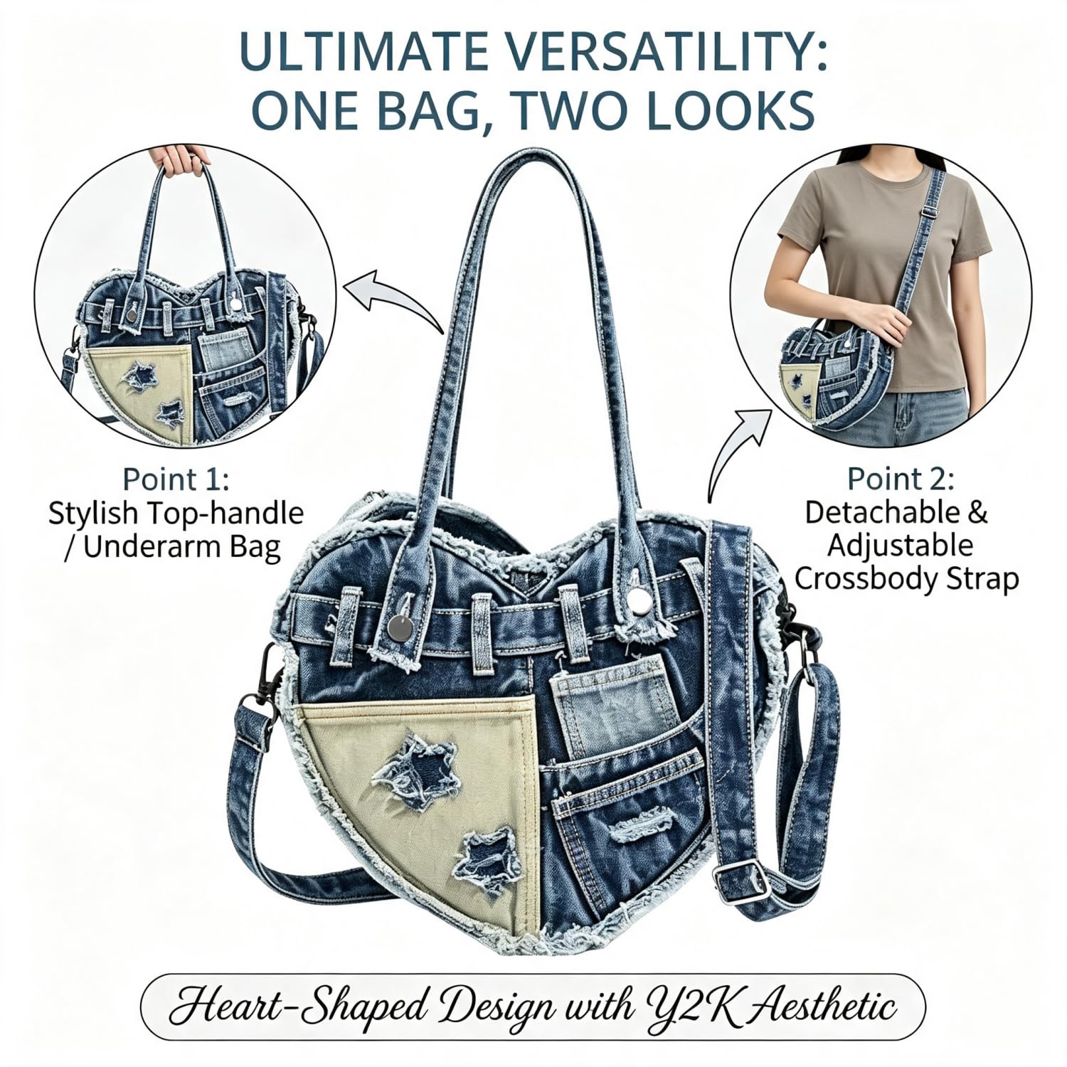 Borsa A Spalla Da Donna In Denim, Un'elegante Borsa Mano Forma Cuore Dal Sapore Rétro,Caratterizzata Design Patchwork Denim;Borsa Tracolla Stile Y2K, Perfetta Diverse Occasioni Casual