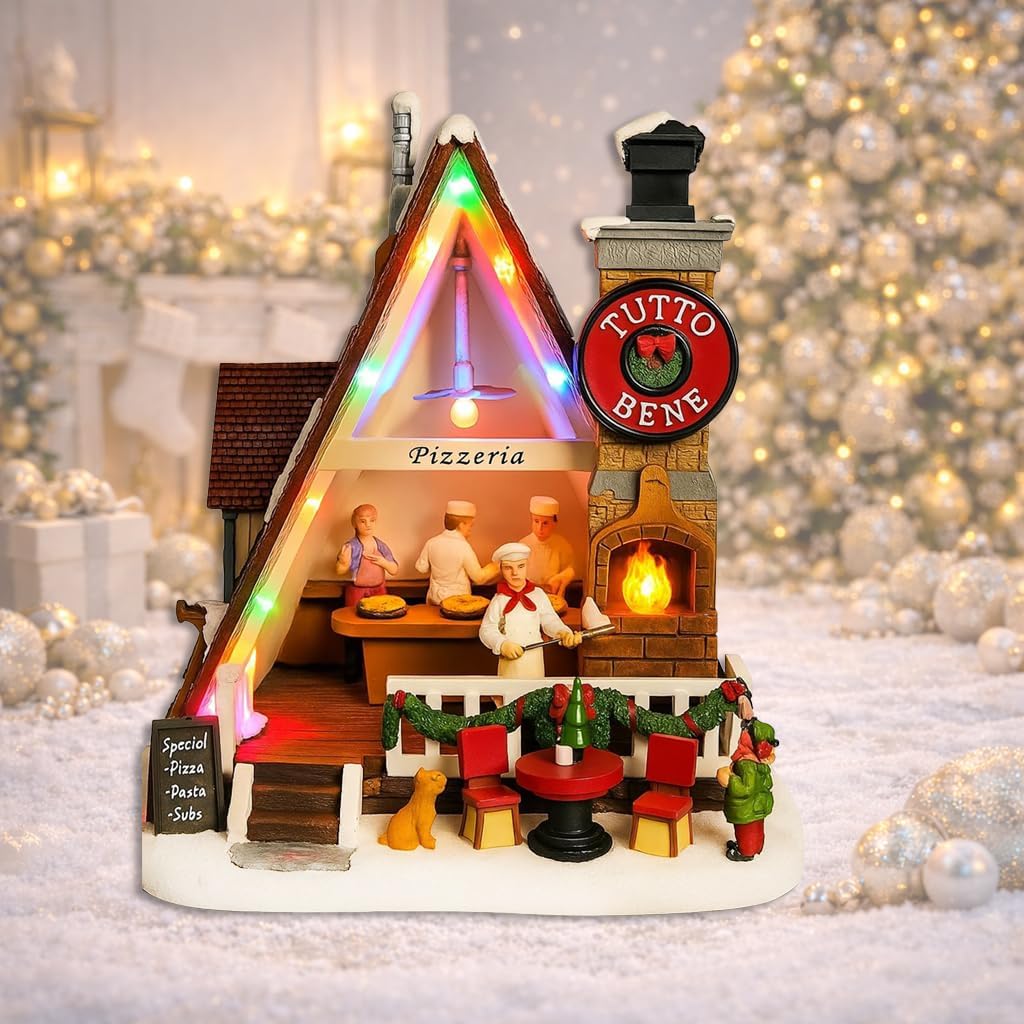 MOMENTS IN TIME Pizza Christmas Village Pizza Shop Scene LED Musical Pizzeria Scene Handcrafted Italian Restaurant Holiday Decoration Battery Operated Tabletop Display Christmas Village Display