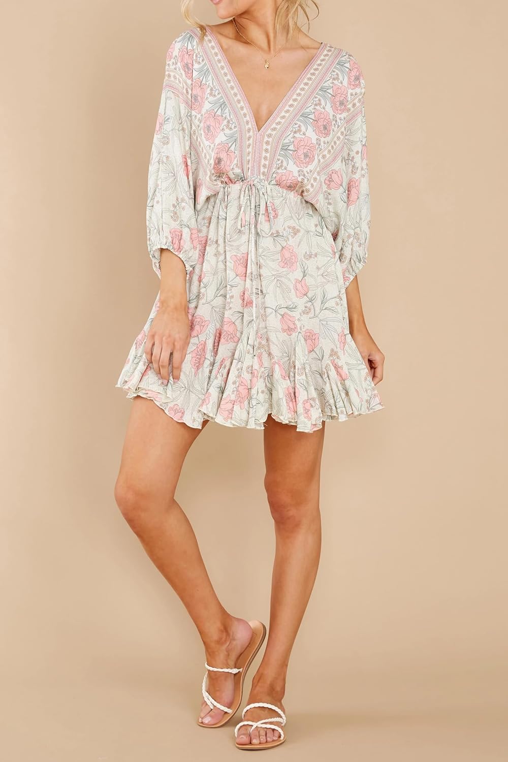 Women Casual Summer Dresses Loose V Neck 3/4 Sleeve Ruffle Floral Flowy A-Line Boho Mini Short Beach Dress - Image 3
