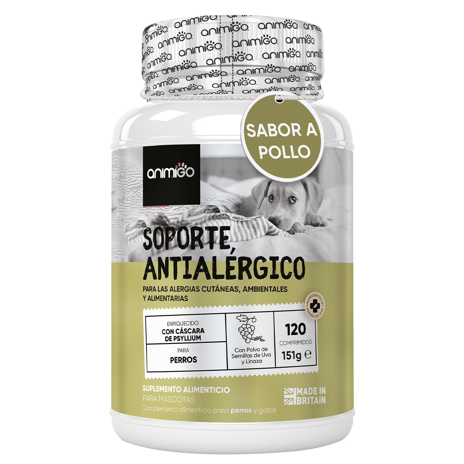 Suplemento Natural Alergias para Aliviar Picor en Perros - 120 Comprimidos Sabor a Pollo | Complemento Hipoalergénico de Psyllium, Semillas de Lino y Cúrcuma | Antiácaros y Antiinflamatorio
