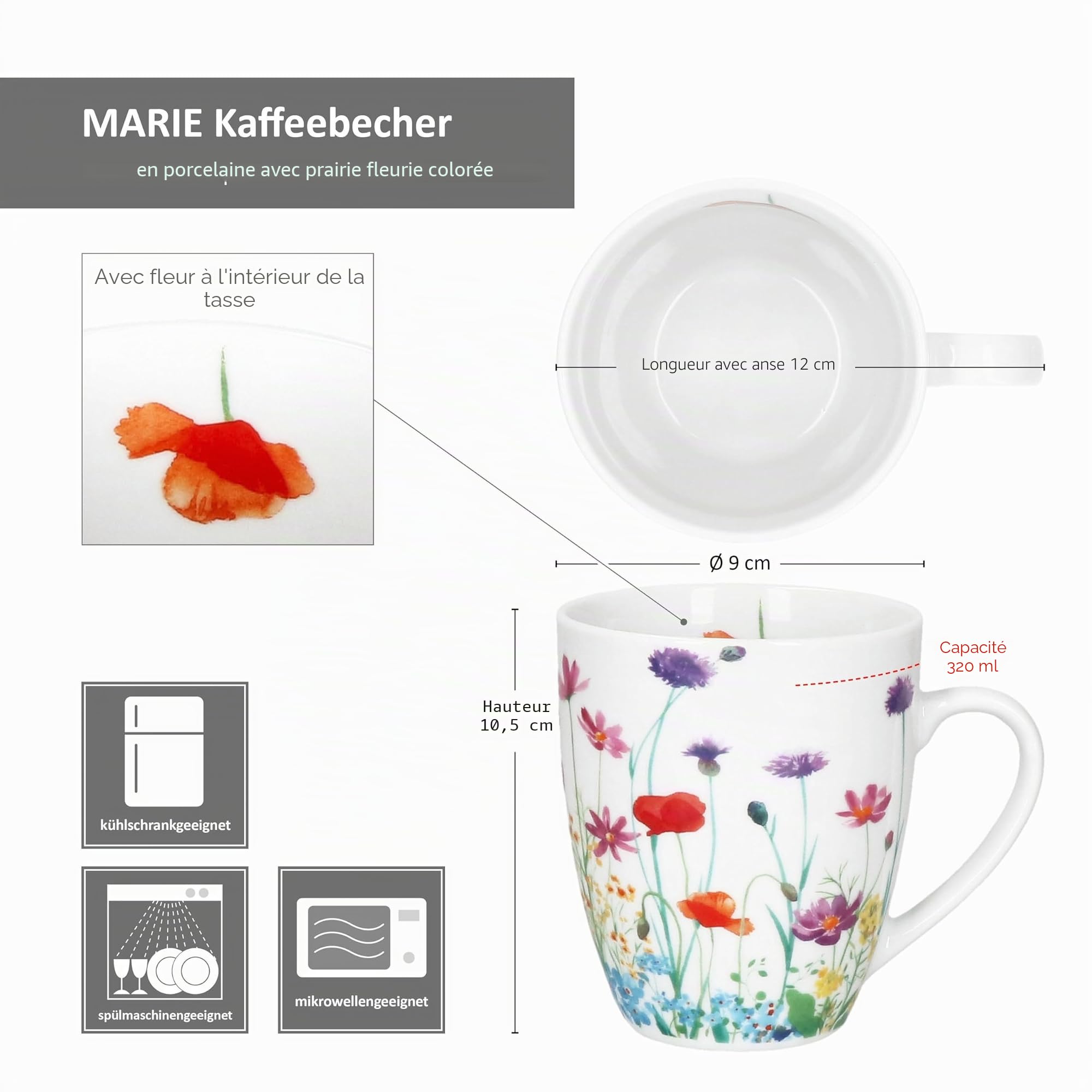MamboCat Marie Lot de 6 tasses à café, 320 ml, en porcelaine, avec anse et prairie fleurie pour 6 personnes, pour boissons chaudes comme le thé, le cacao, etc