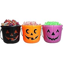 KEPATO Halloween Pumpkin Candy Bucket, 3 Pack 7 Inch Large Plastic Trick or Treat Basket, Portable Halloween Candy Pumpkin Pails for Halloween Party Decor Favors