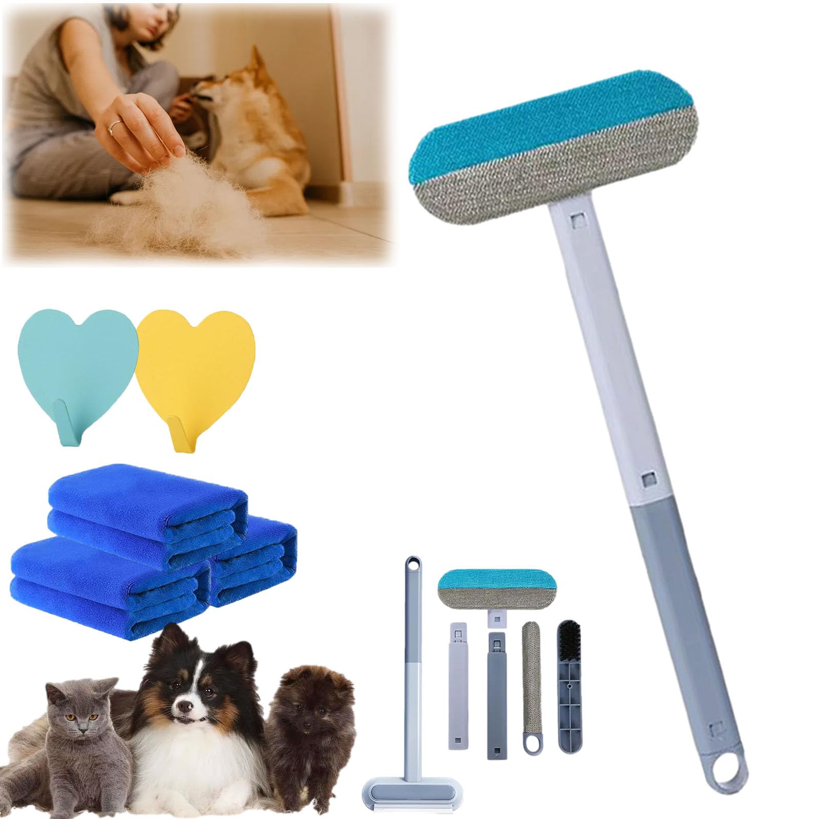 Multifunctional Hair Removal Brush, 4 In 1 Pet Hair Removal Tool, Adjustable Dog Cat Hairs Catcher Carpet Rake With Hooks for Couch, Reusable Dog (1PC)