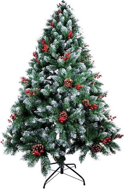 AGM 7ft/2.1M Christmas Tree, 900 Tips Snow Flocked Artificial Christmas Tree with Mixed Pine Needles, Red Berries and Premium Metal Hinges & Base, for Xmas Indoor and Outdoor Decoration
