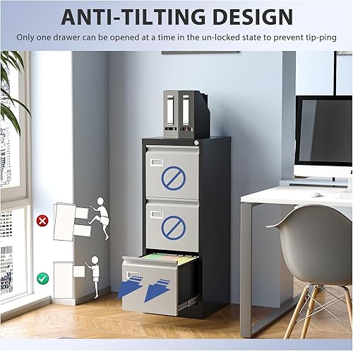 Miniatura 4 de Archivador de 3 cajones, archivadores para oficina en casa, gabinete de almacenamiento vertical de metal con cerradura, archivador de bloqueo para