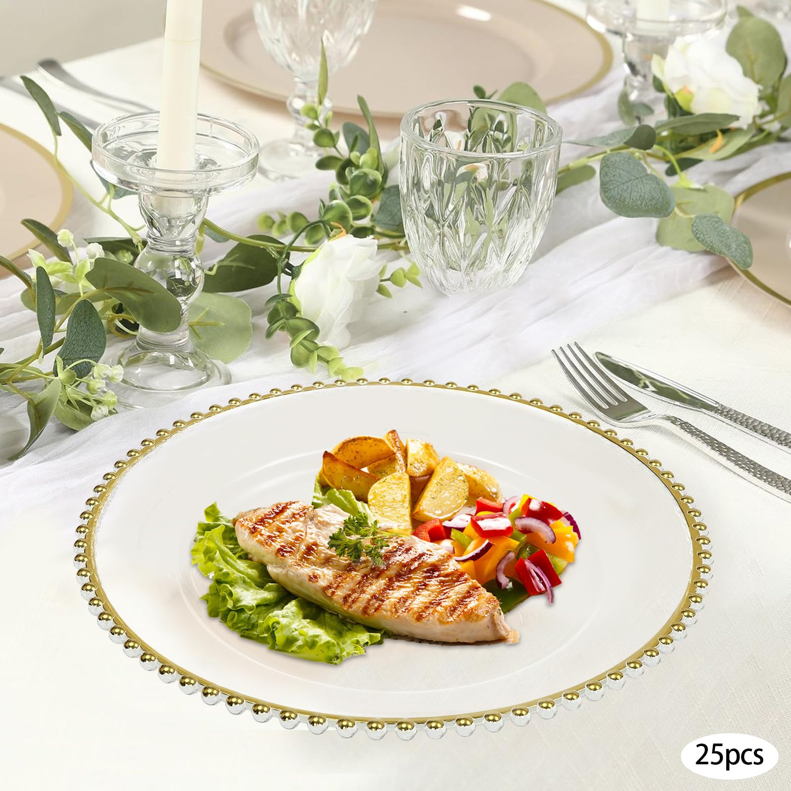 DIITGGE 25 Pcs Clear Charger Plates 12.6 Inch Round Stackable Dinner Table Decorative Charger Suitable for Wedding Party Event, Home and Kitchen Tabletop