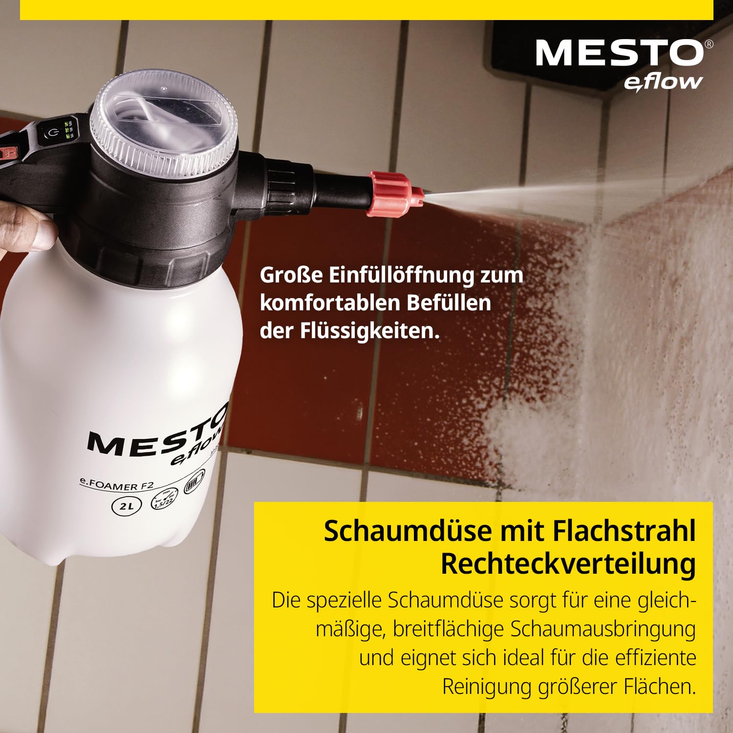 MESTO e.FOAMER F2 Akku-Schaumsprüher 2 L | Elektrischer Schaumsprüher für Auto & Reinigung | Foam Sprayer 1,5 Bar | Schaum Sprühflasche für leicht saure Flüssigkeiten | inkl. USB-C Kabel