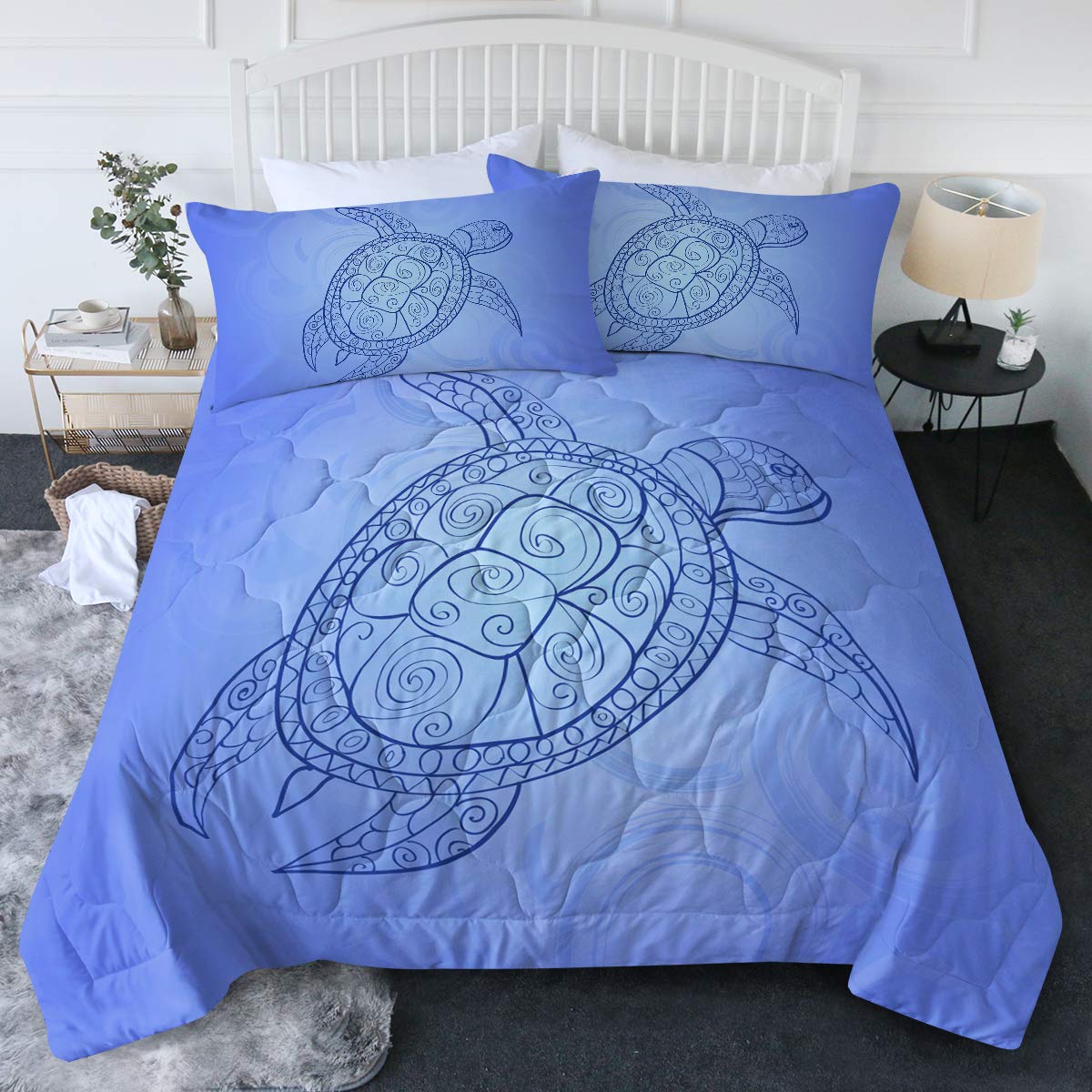 BlessLiving Sea Turtle Comforter Set Blue Bed Set 3D Cartoon Abstract Turtle Bedding Set Lightweight Quilt Sets 3 Piece Turtle Ocean Spray Ethnic Bed Spread for Kids Teens Boys (Twin/Twin XL)