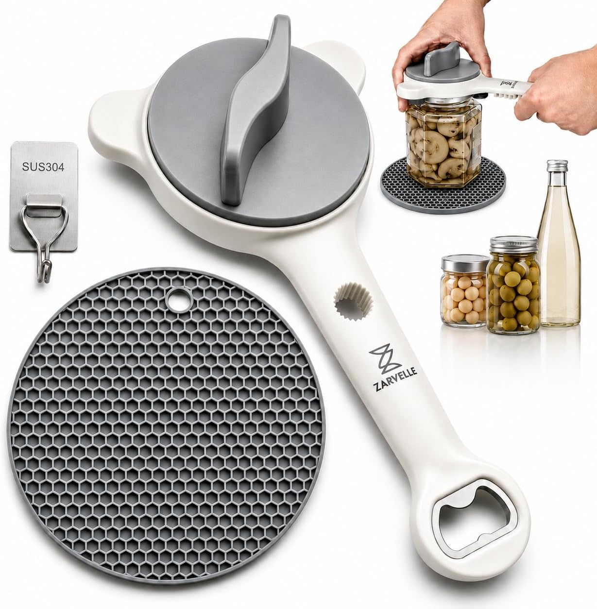Jar Opener for Seniors with Arthritis, Easy Grip Adjustable Lid & Bottle Opener Set with Non-Slip Silicone Pad & Stainless Steel Hook, Grey