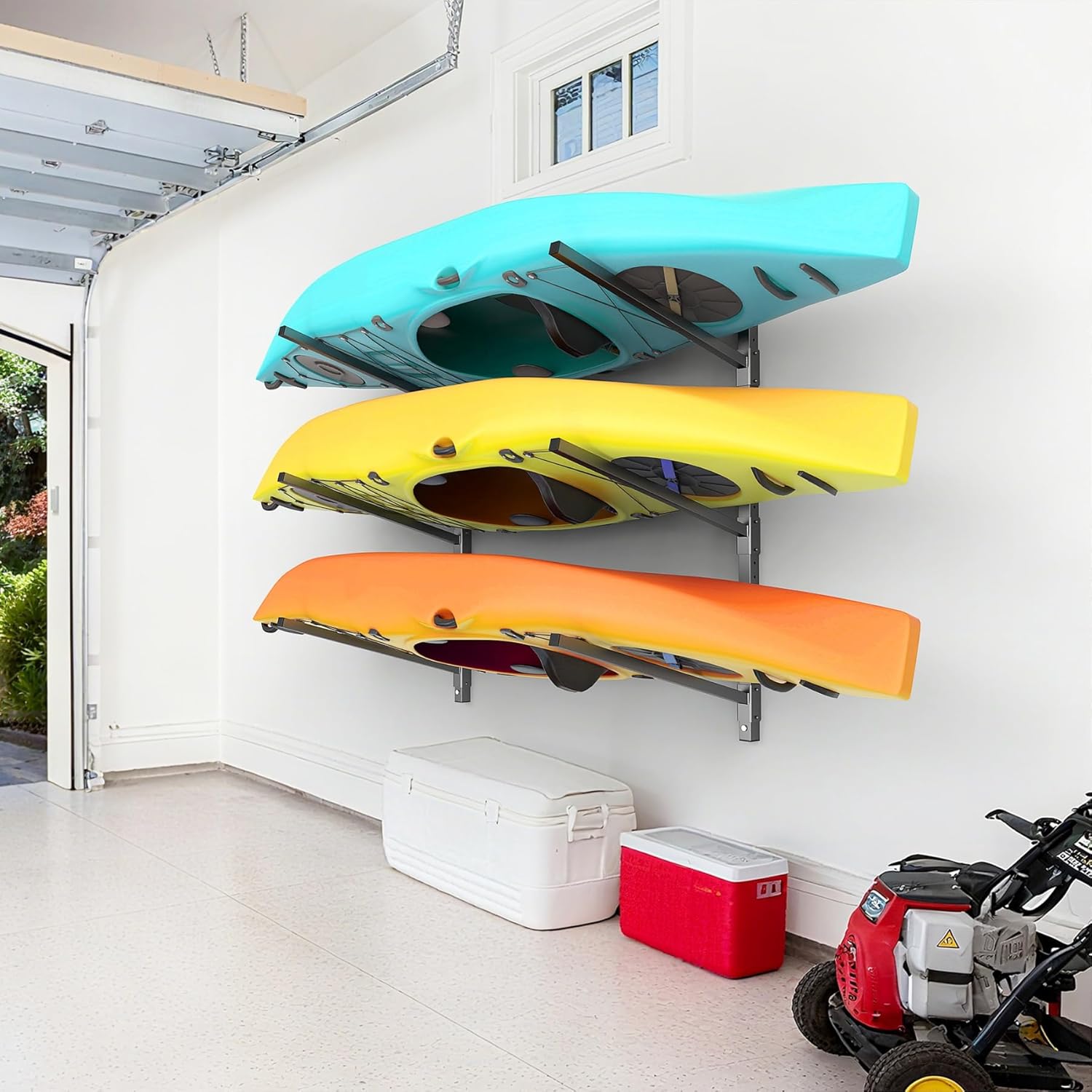 walmann heavy duty wall mounted kayak storage rack for garage, adjustable kayak hangers for wall, holds up to 220 lbs