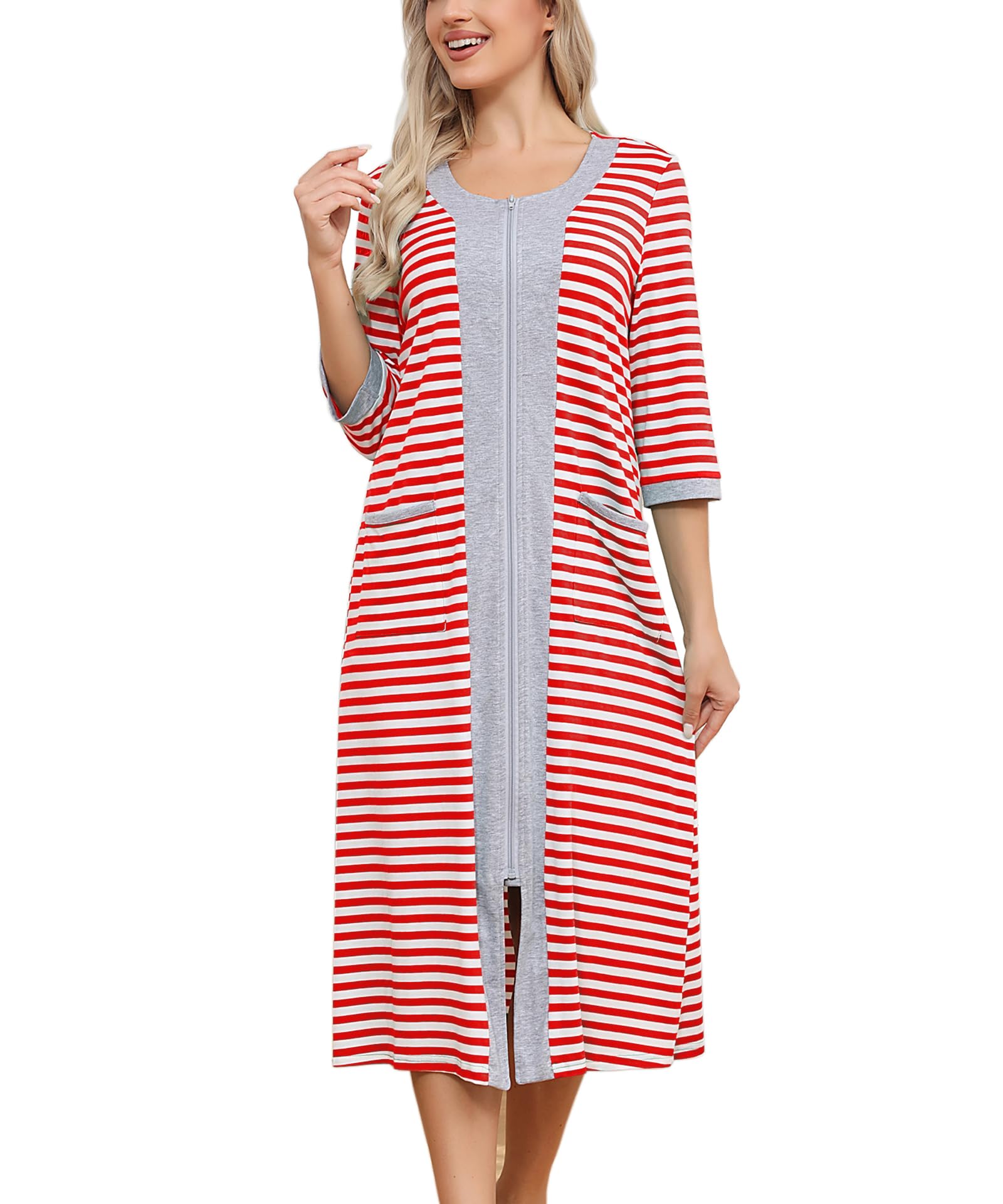 Citridarll House Dresses for Women Zipper Front Housecoat Lightweight Duster Robe with Pockets Maternity Bathrobe, Stripe Red, Large