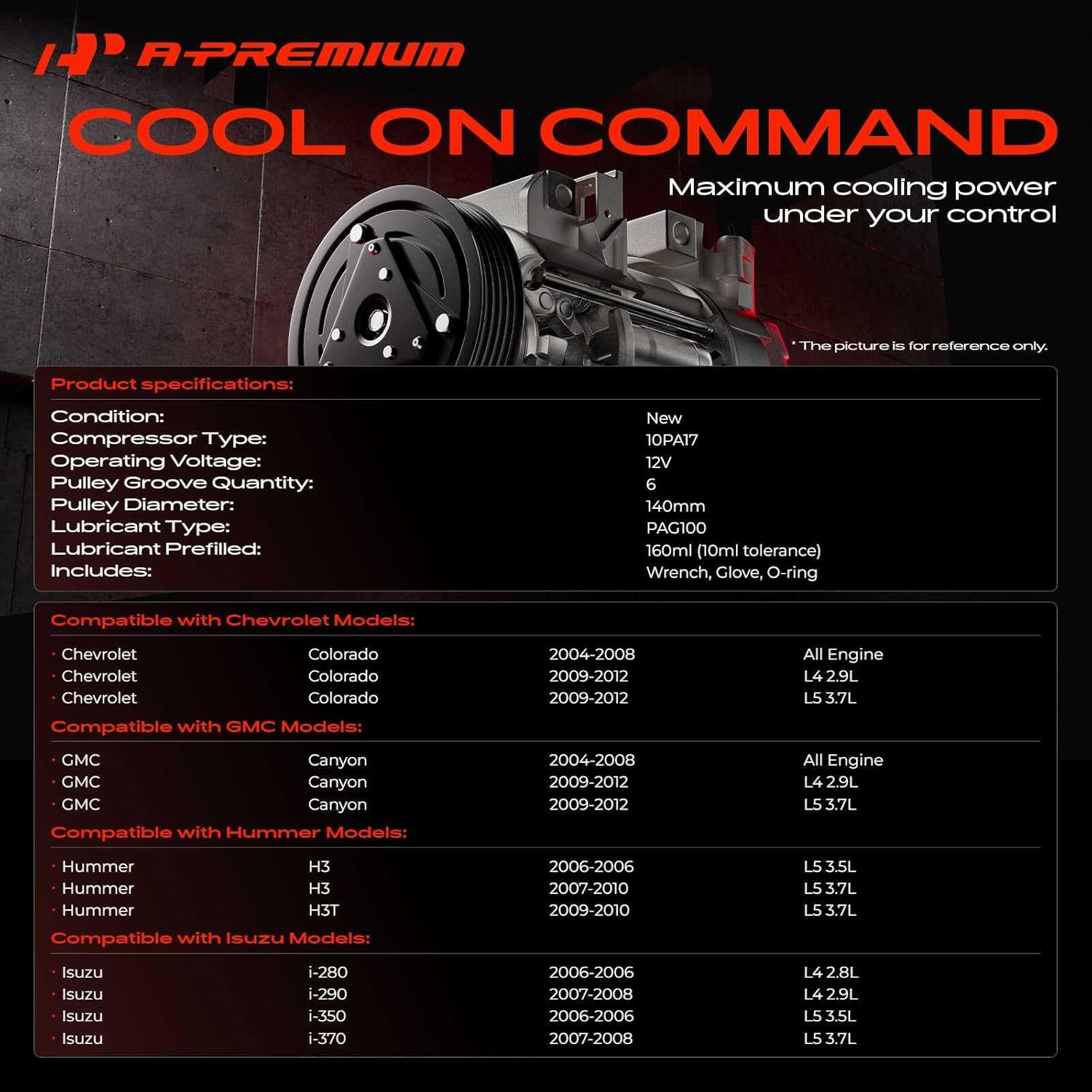 A-Premium Air Conditioner AC Compressor with Clutch Compatible with Chevrolet Colorado, GMC Canyon 2004-2012, Hummer H3 H3T, Isuzu i-280 i-290 i-350 i-370