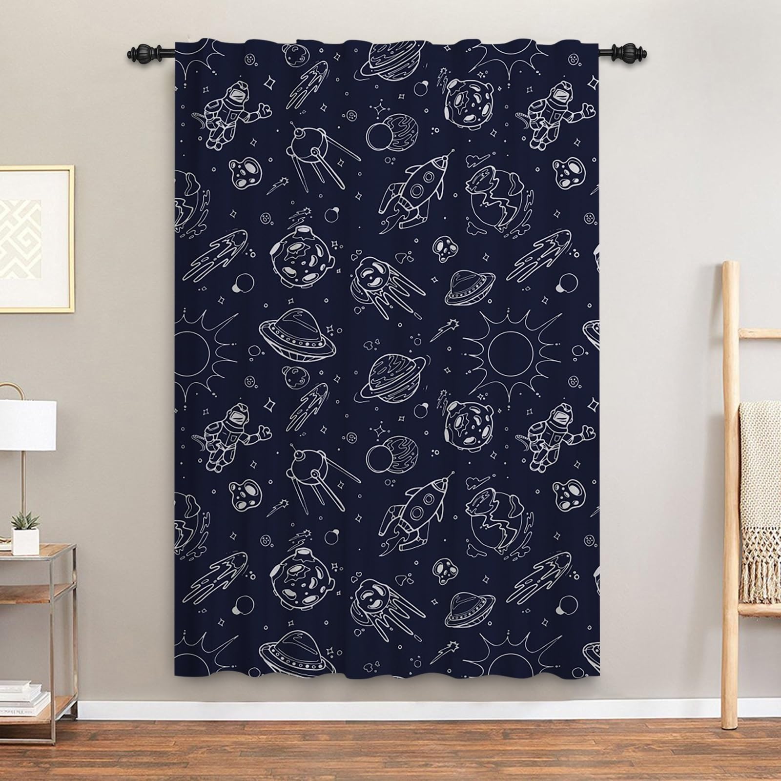 ggaimwf Galaxy Curtains for Kids Cartoon Planet Outer Space Themed Bedroom Accessories Window Door Curtains for Boys Baby Nursery Playroom Room Divider Rod Pocket Curtain 132x214cm 1 Panel - Image 2