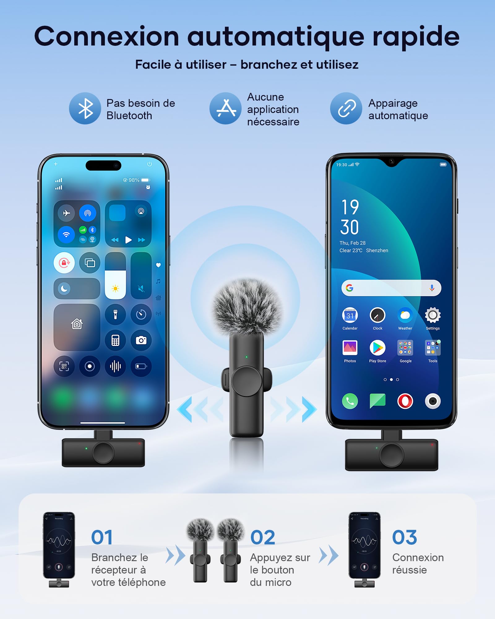 CZOCPOS Micro Cravate sans Fil pour Phone, Pad et Android (Lot de 2), Réduction de Bruit, Utilisation Facile & Son Professionnel pour Vidéos, Podcasts, Streaming, Youtube, TikTok & Vlogs
