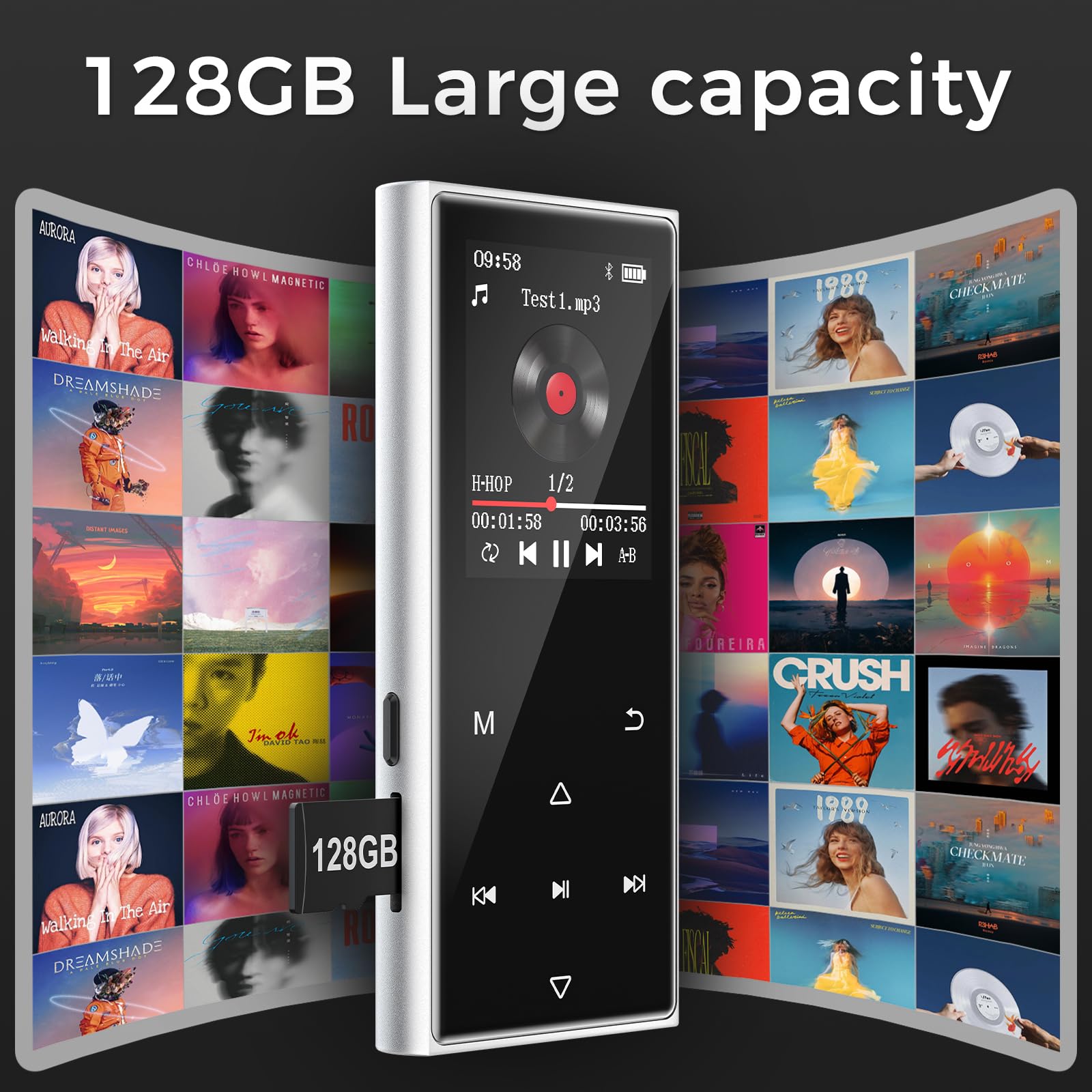 MP3 Player Bluetooth 5.3, MP3 Player Kinder mit 128GB Karte, Lautsprecher | 512GB erweiterbar, Hi-Fi Formate, 36h Akku, MP3 Player mit Kopfhörer, Metallgehäuse, für Schule und Reisen