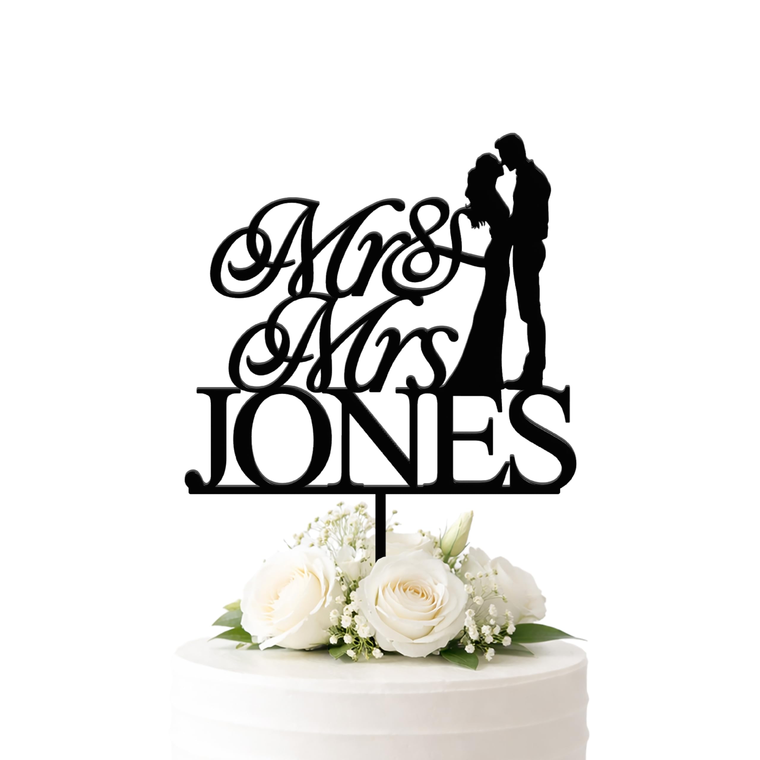 Custom Mr & Mrs Wedding Cake Topper with Bride & Groom Silhouette, Personalised Surname Wedding Cake Decoration, Wooden or Acrylic