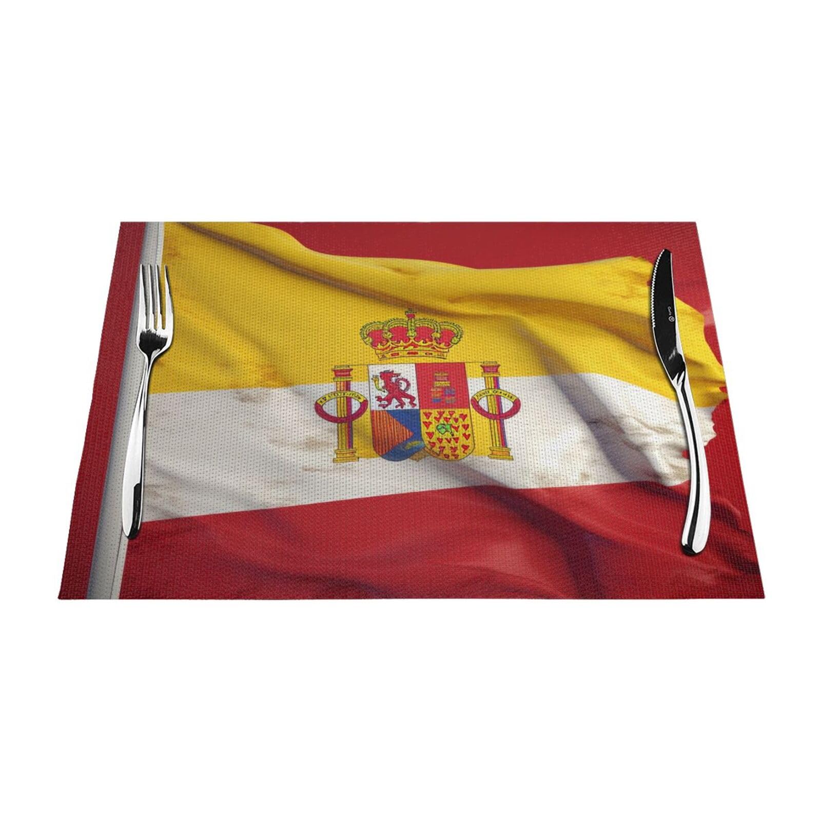 Spain Flag Printed PVC Placemat 6 PCS for Kitchen Dining Table Heat-resistand Washable Table Mats 18x12 in