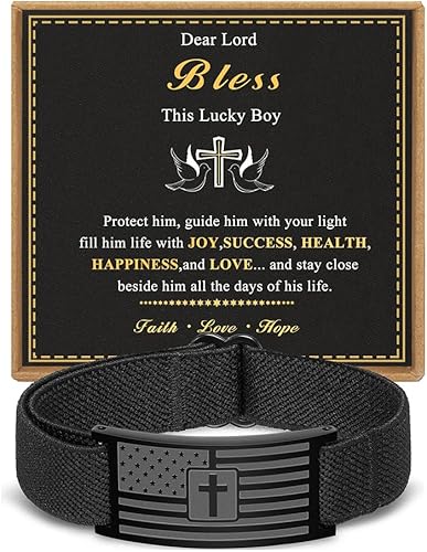 HEYOLL Cross Bracelet for Boys, Black American Flag Cross Bracelet Catholic Chri